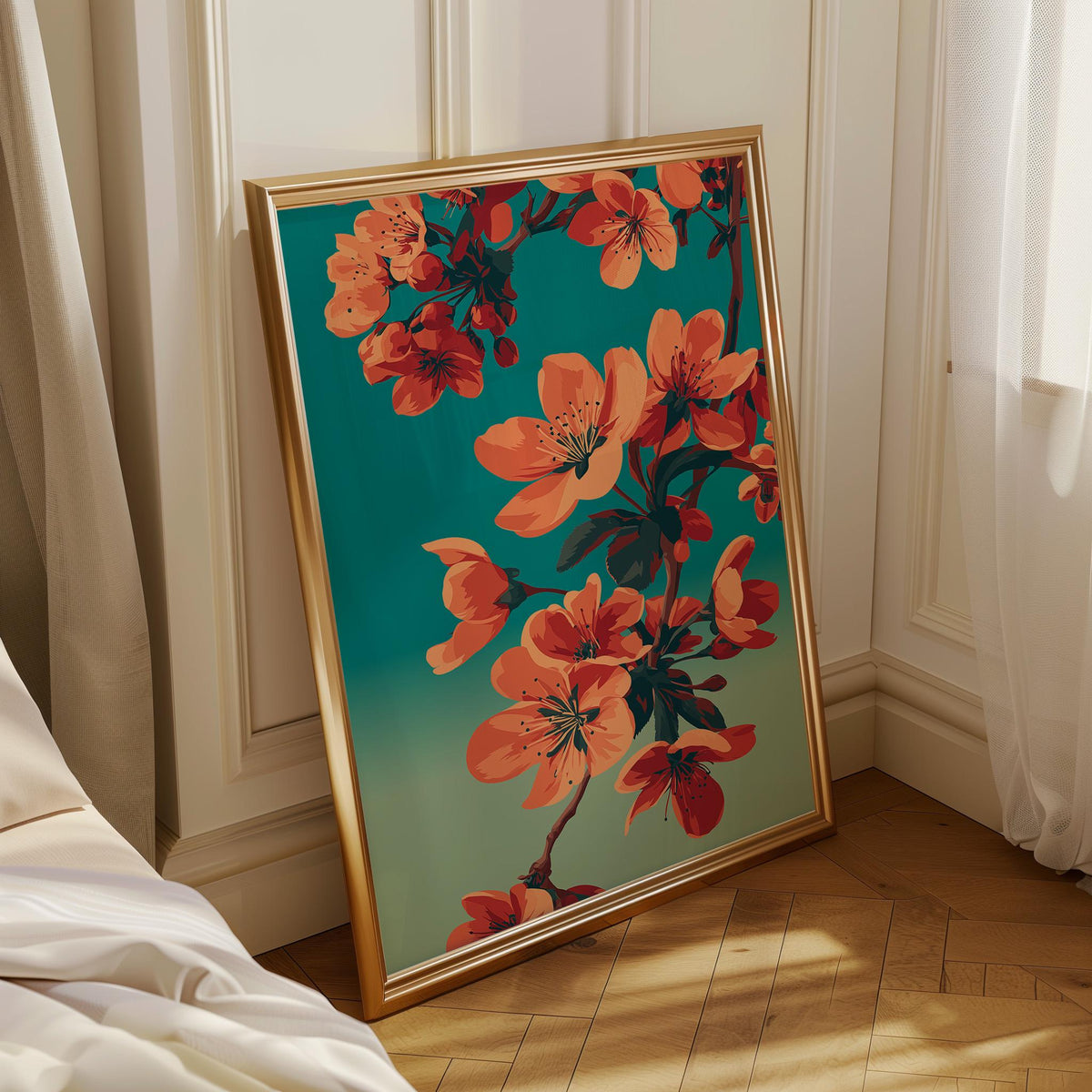 Cherry Blossom Bold Floral Teal & Orange Japandi Wall Art