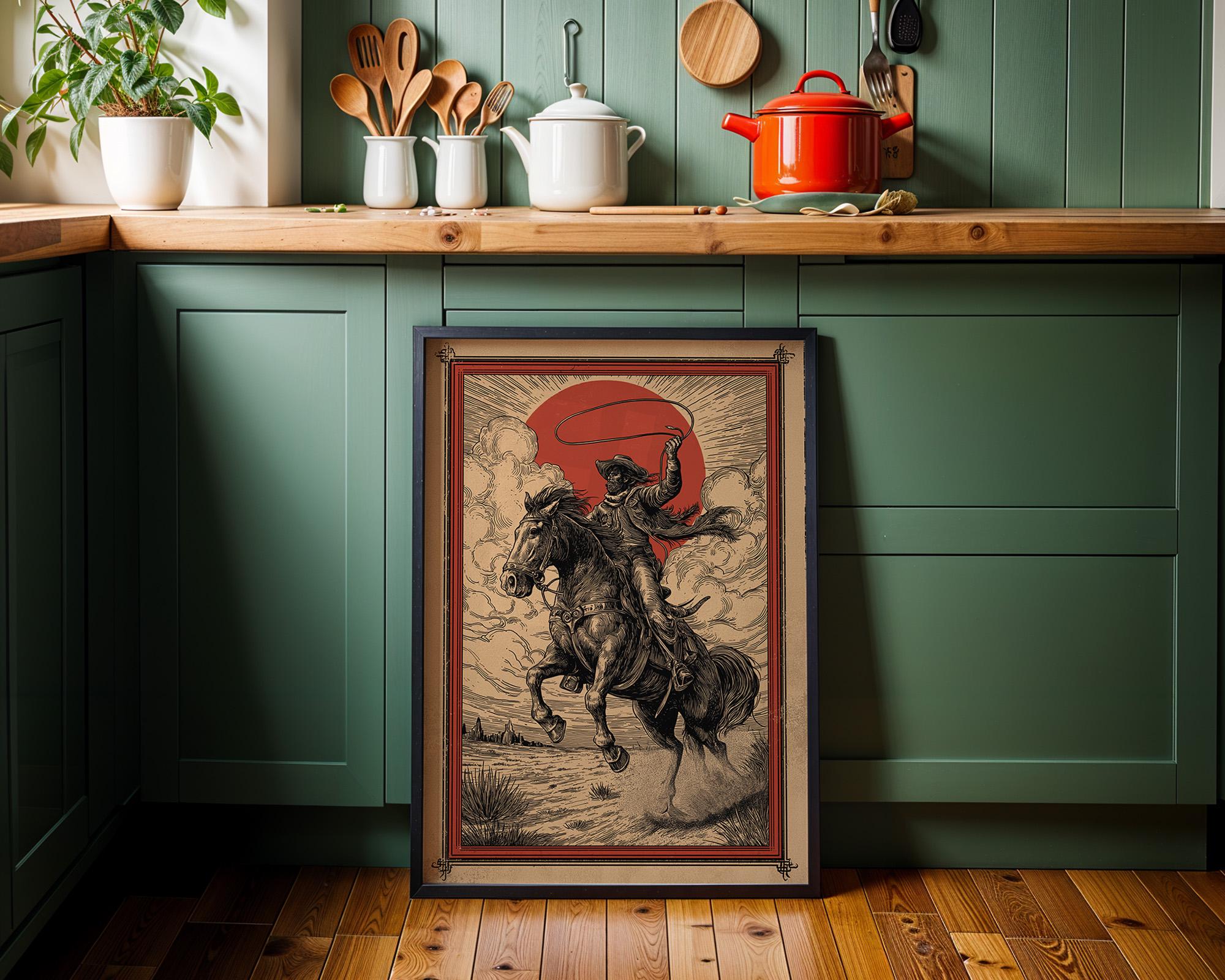 Western Cowboy Lasso Rider Wild West Horse Desert Sunset Wall Art by The Wall Art Studio - physical