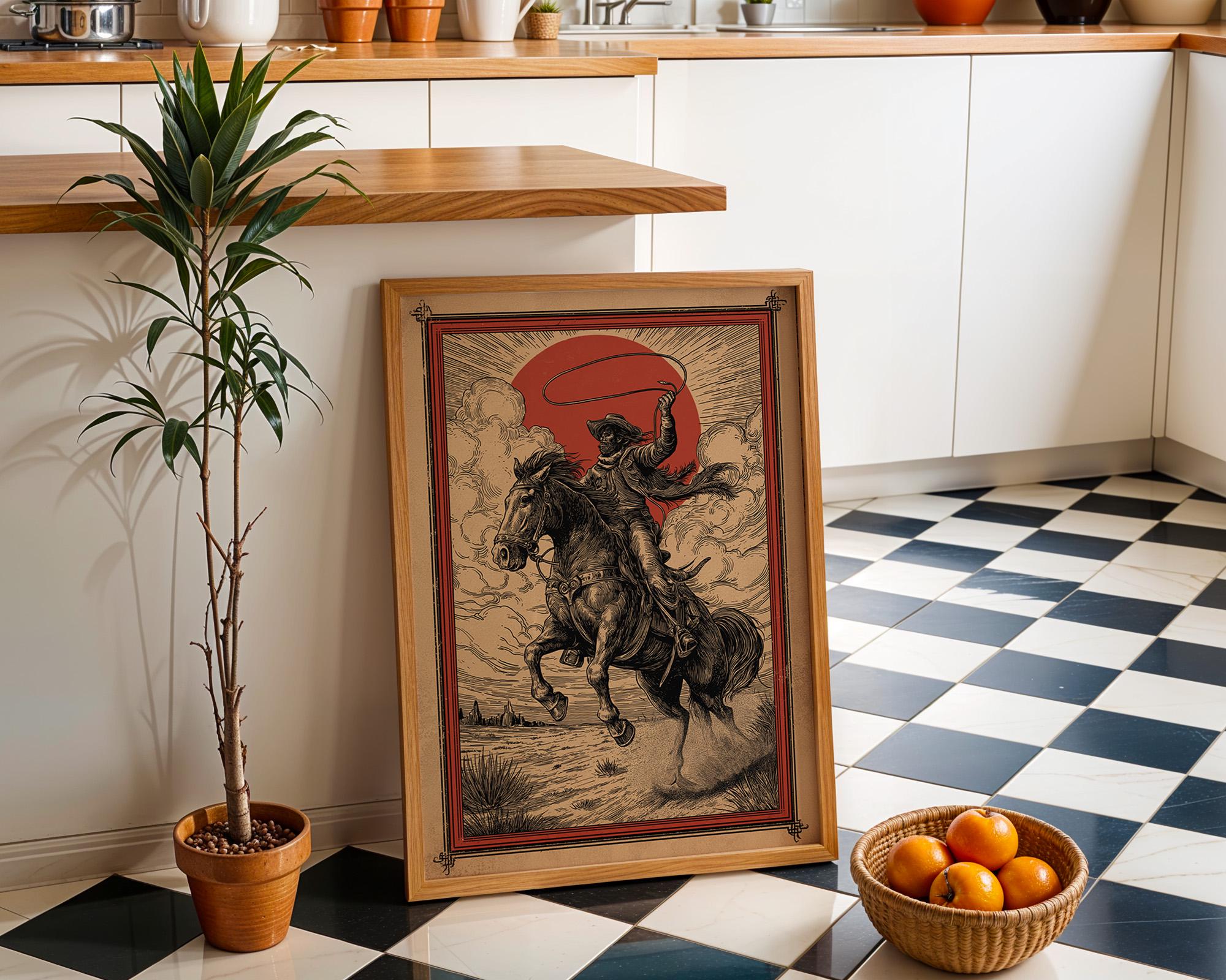Western Cowboy Lasso Rider Wild West Horse Desert Sunset Wall Art by The Wall Art Studio - physical