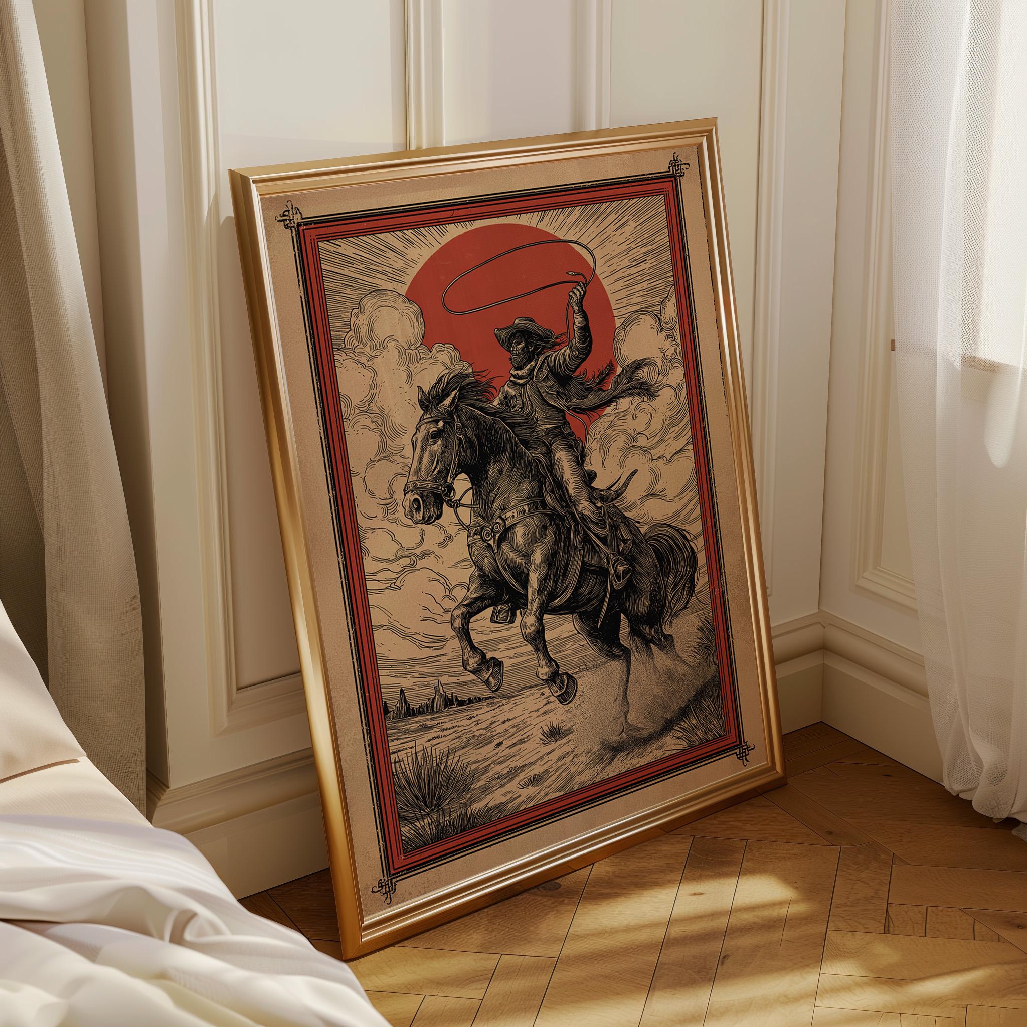 Western Cowboy Lasso Rider Wild West Horse Desert Sunset Wall Art by The Wall Art Studio - physical