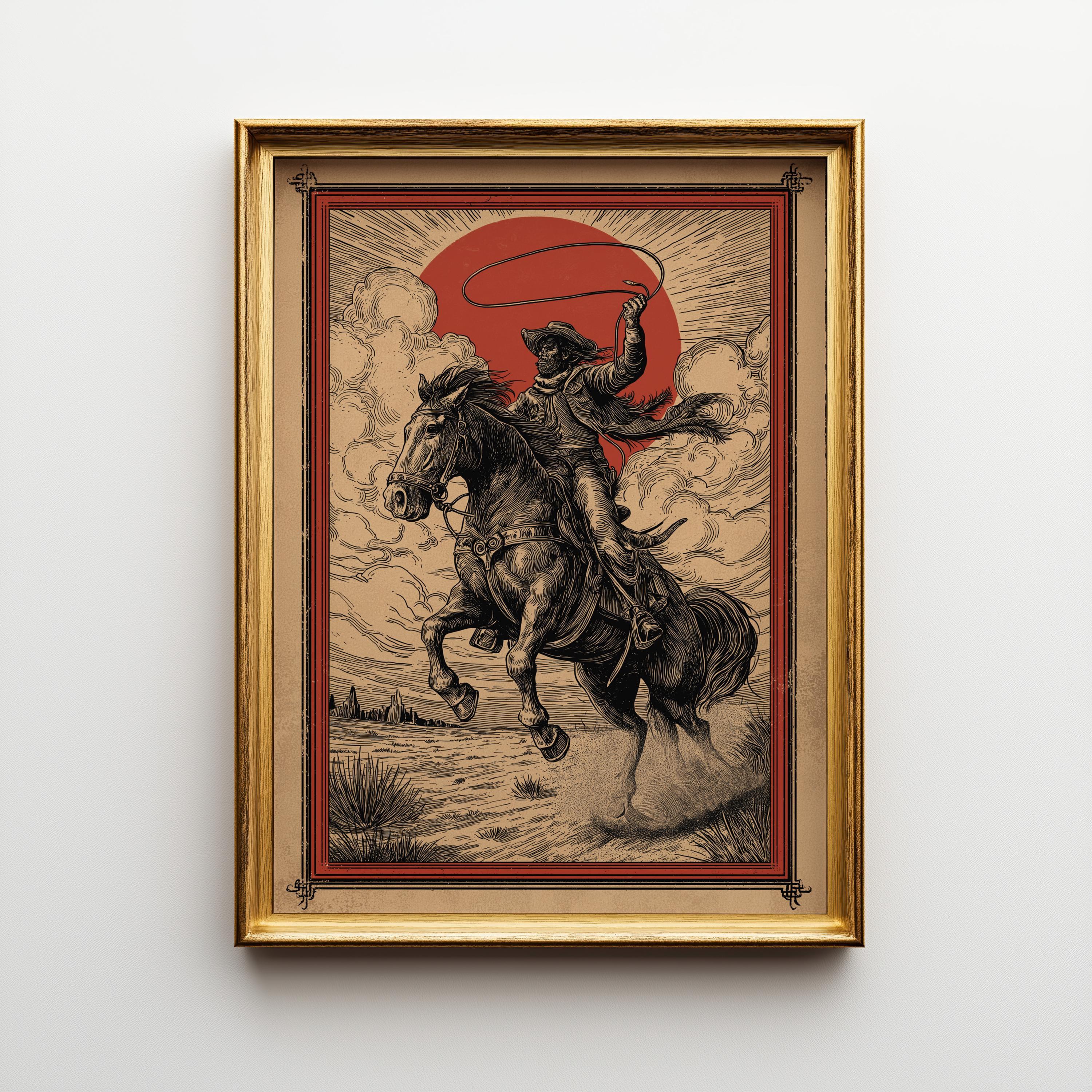 Western Cowboy Lasso Rider Wild West Horse Desert Sunset Wall Art by The Wall Art Studio - physical