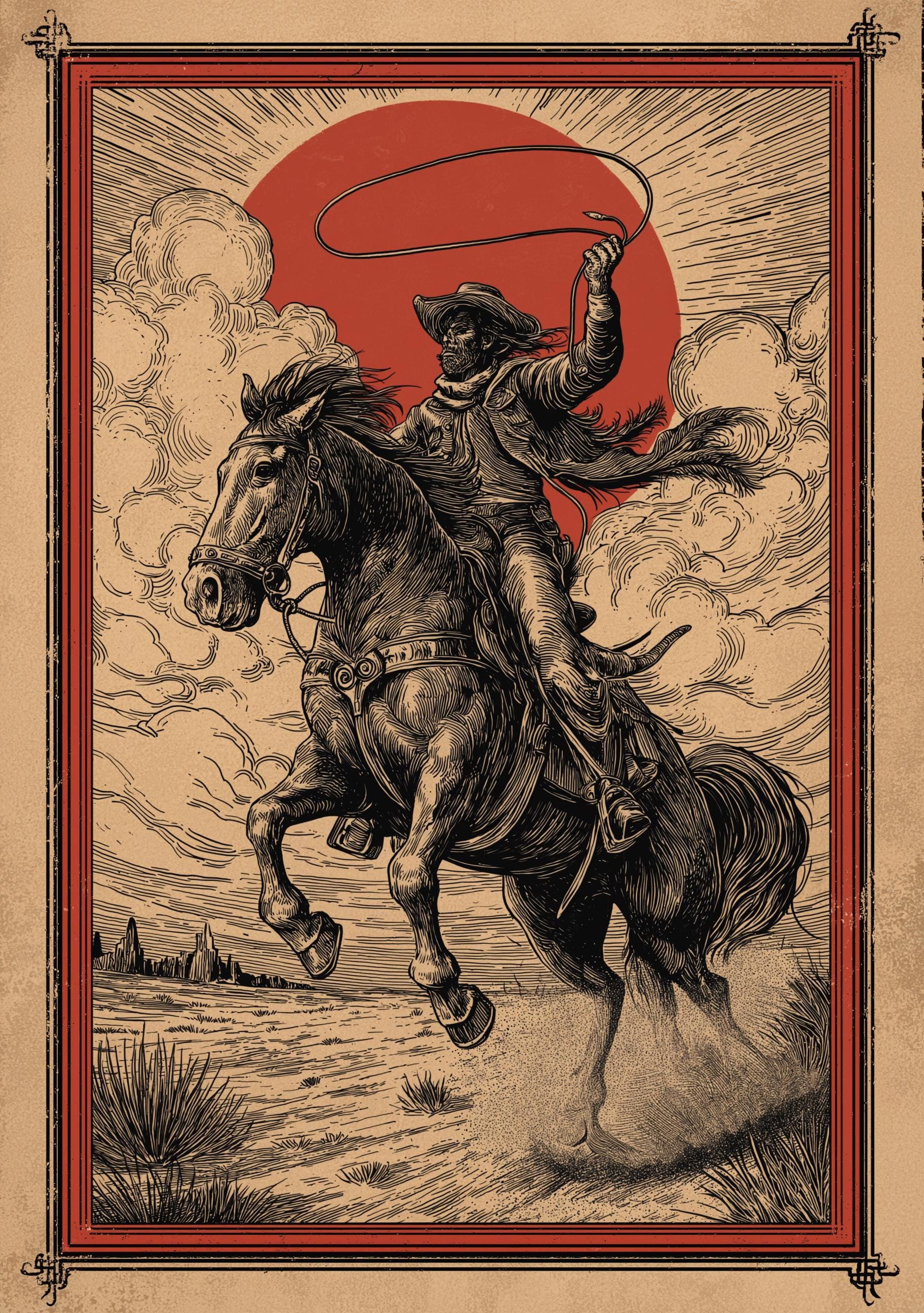 Western Cowboy Lasso Rider Wild West Horse Desert Sunset Wall Art by The Wall Art Studio - physical