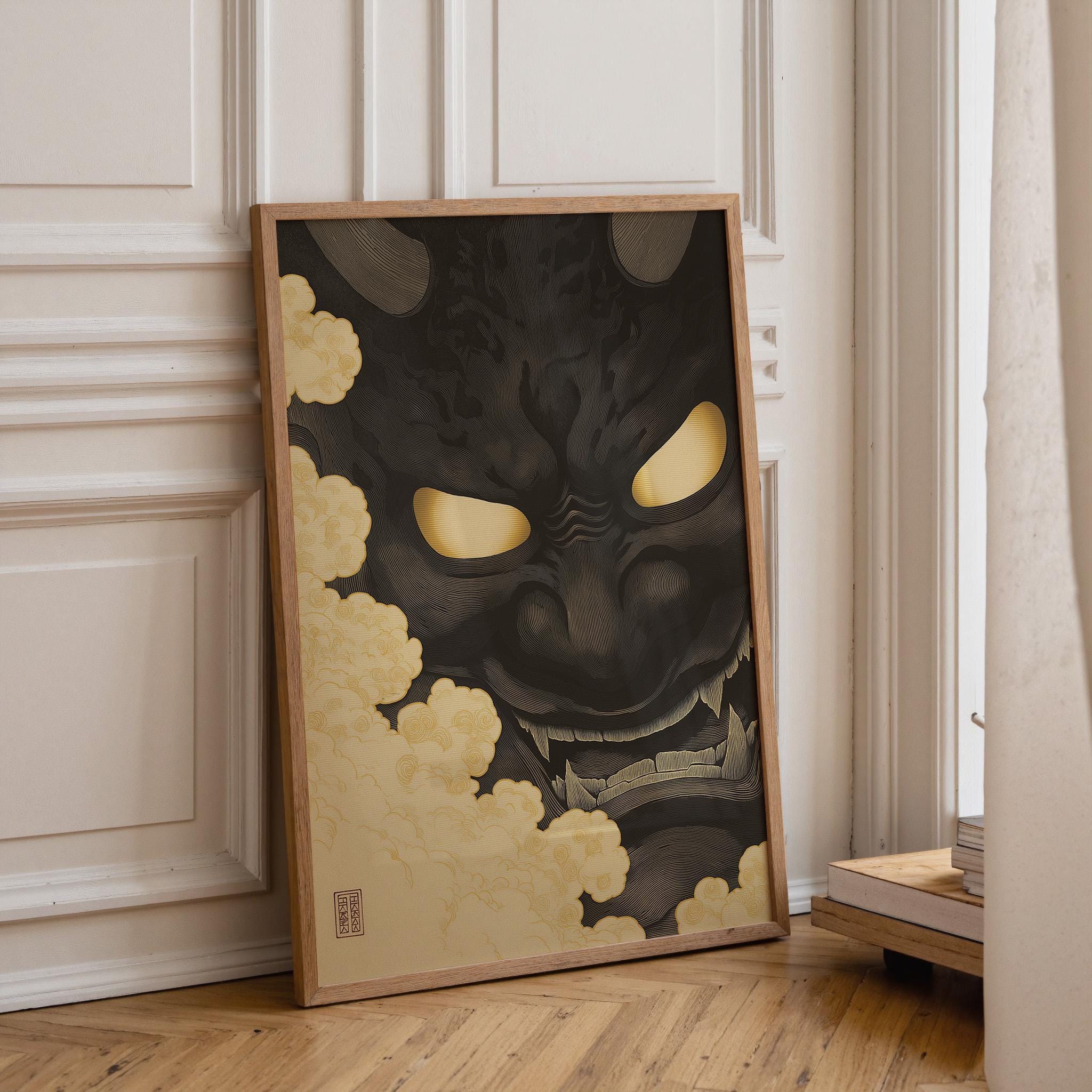 Black Oni Mask Japanese Demon Dark Ukiyo-e Style Wall Art by The Wall Art Studio