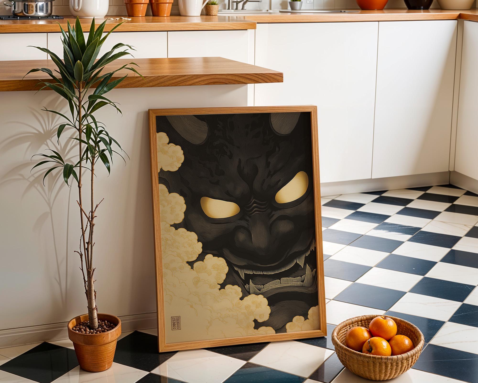 Black Oni Mask Japanese Demon Dark Ukiyo-e Style Wall Art by The Wall Art Studio