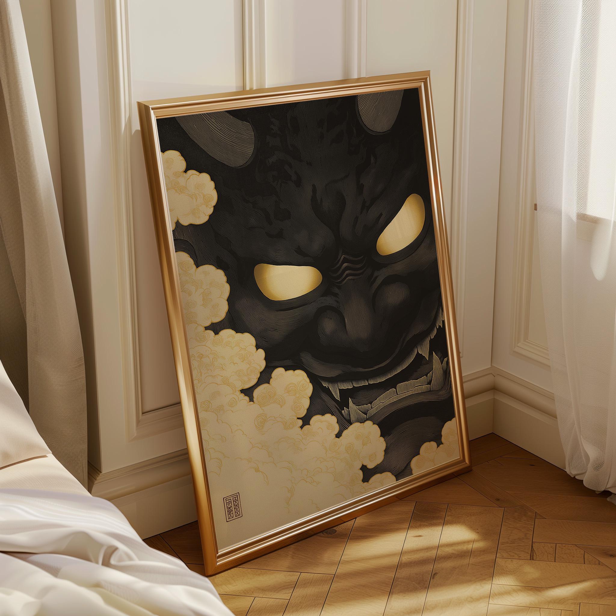 Black Oni Mask Japanese Demon Dark Ukiyo-e Style Wall Art by The Wall Art Studio