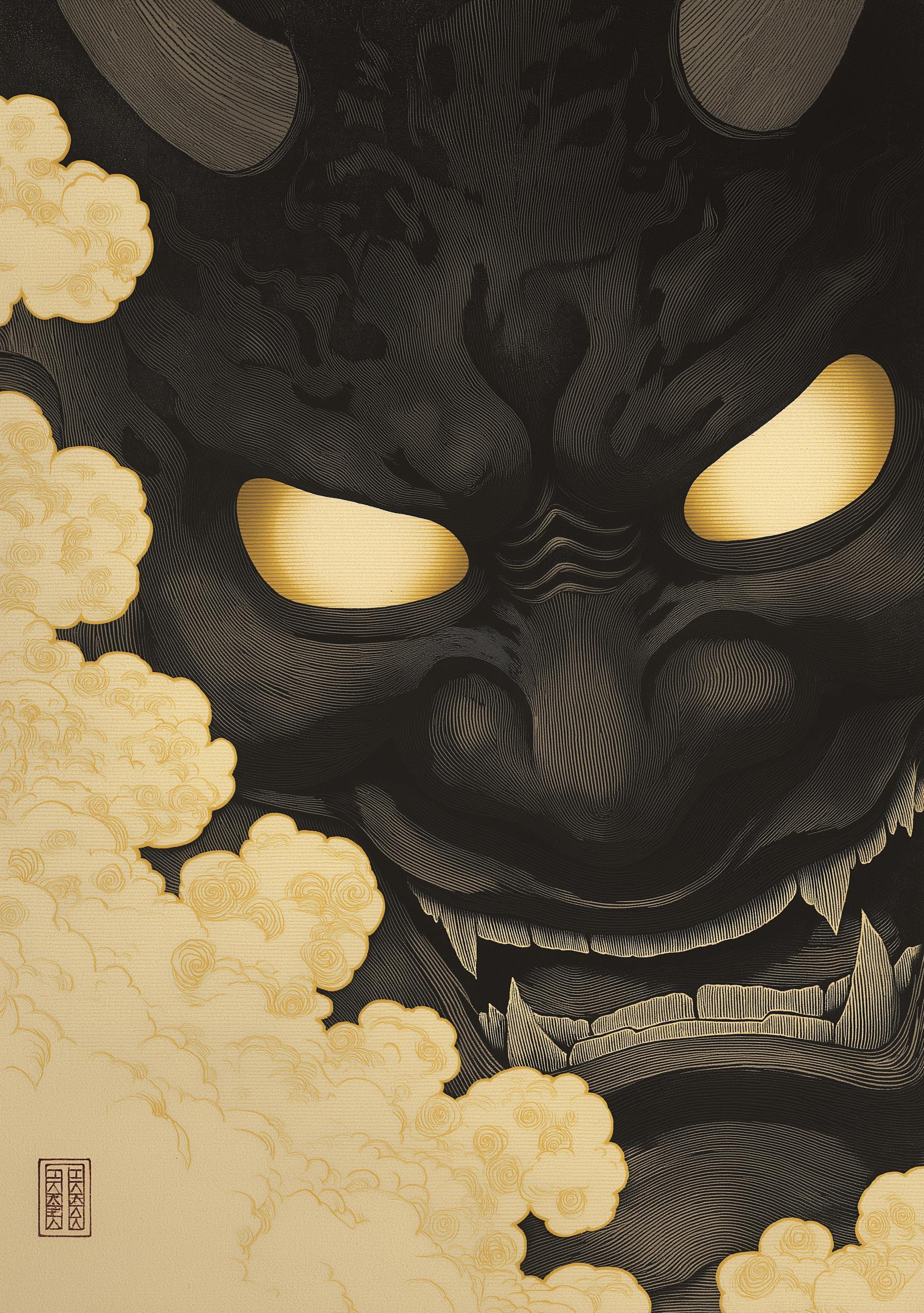 Black Oni Mask Japanese Demon Dark Ukiyo-e Style Wall Art by The Wall Art Studio