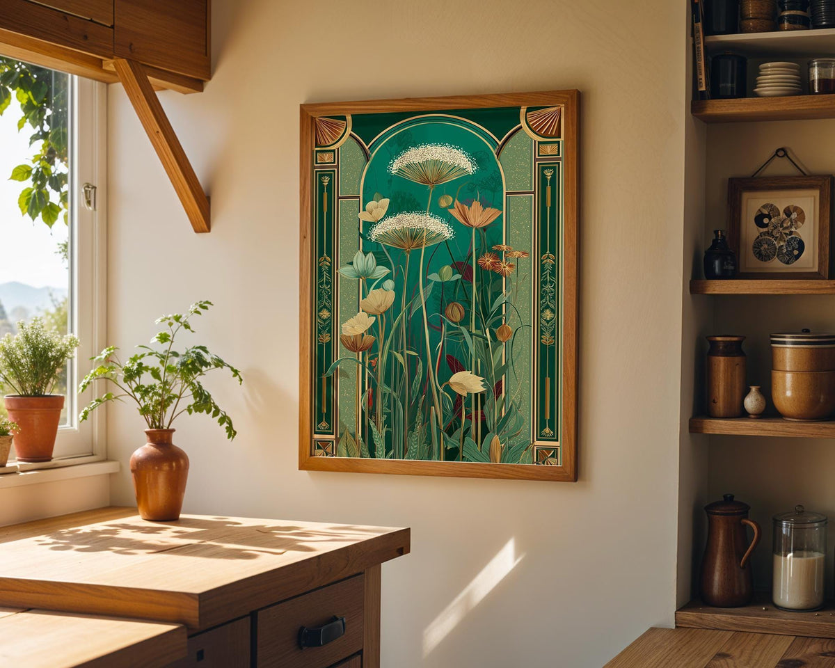 Art Nouveau Floral Green and Gold Vintage Flower Wall Art by The Wall Art Studio