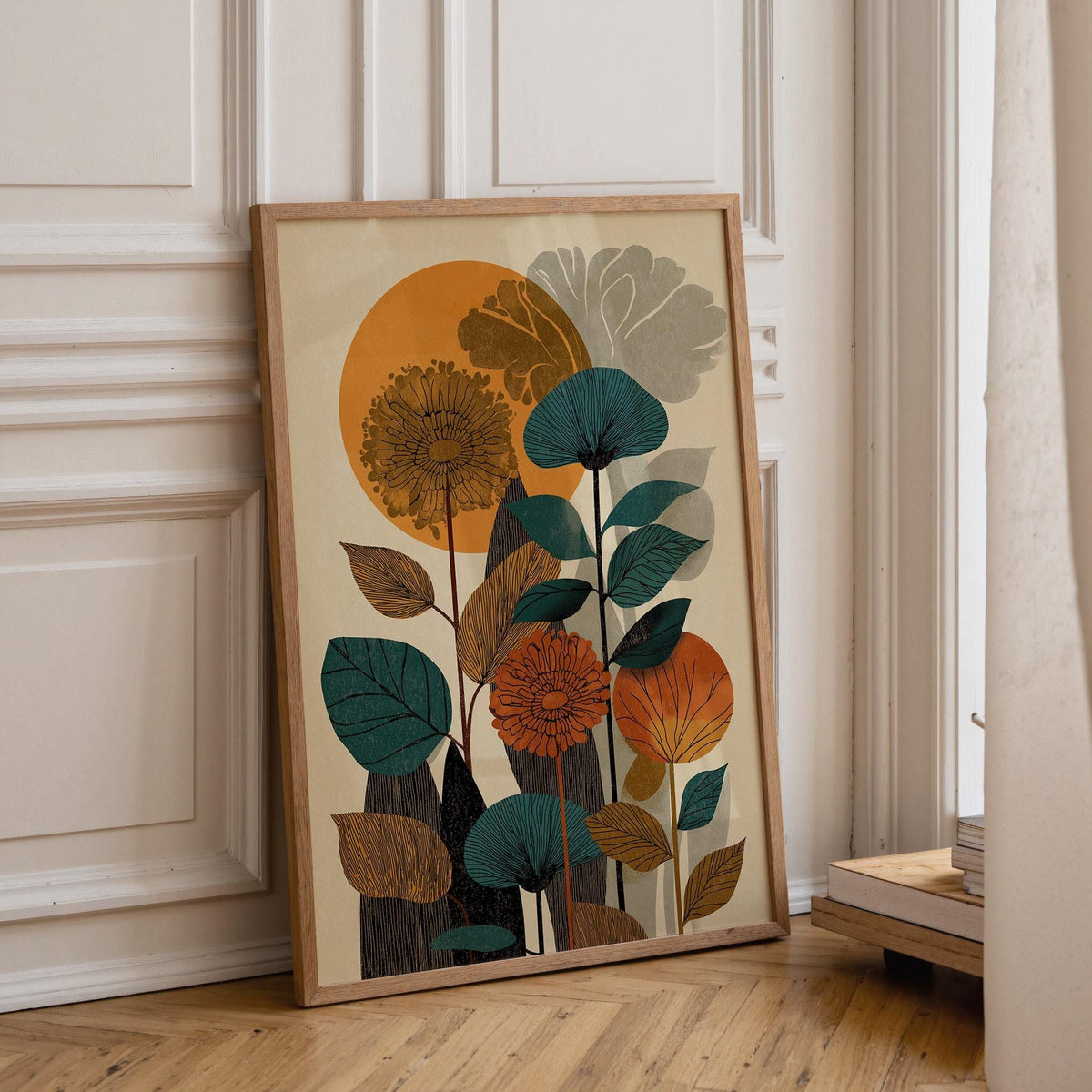 Mid Century Botanical Abstract Floral  Retro Sun Scandinavian Wall Art