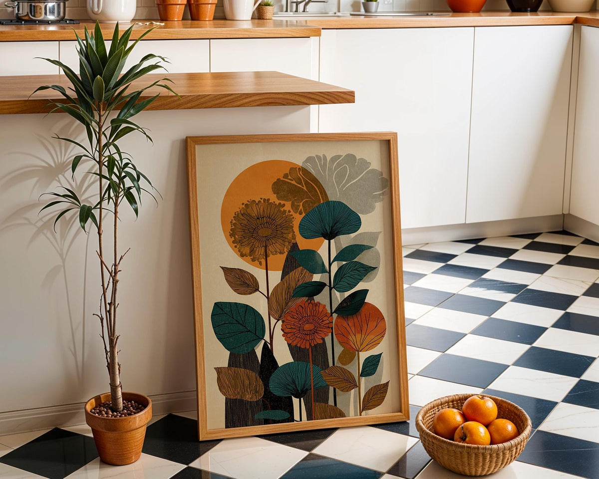 Mid Century Botanical Abstract Floral  Retro Sun Scandinavian Wall Art
