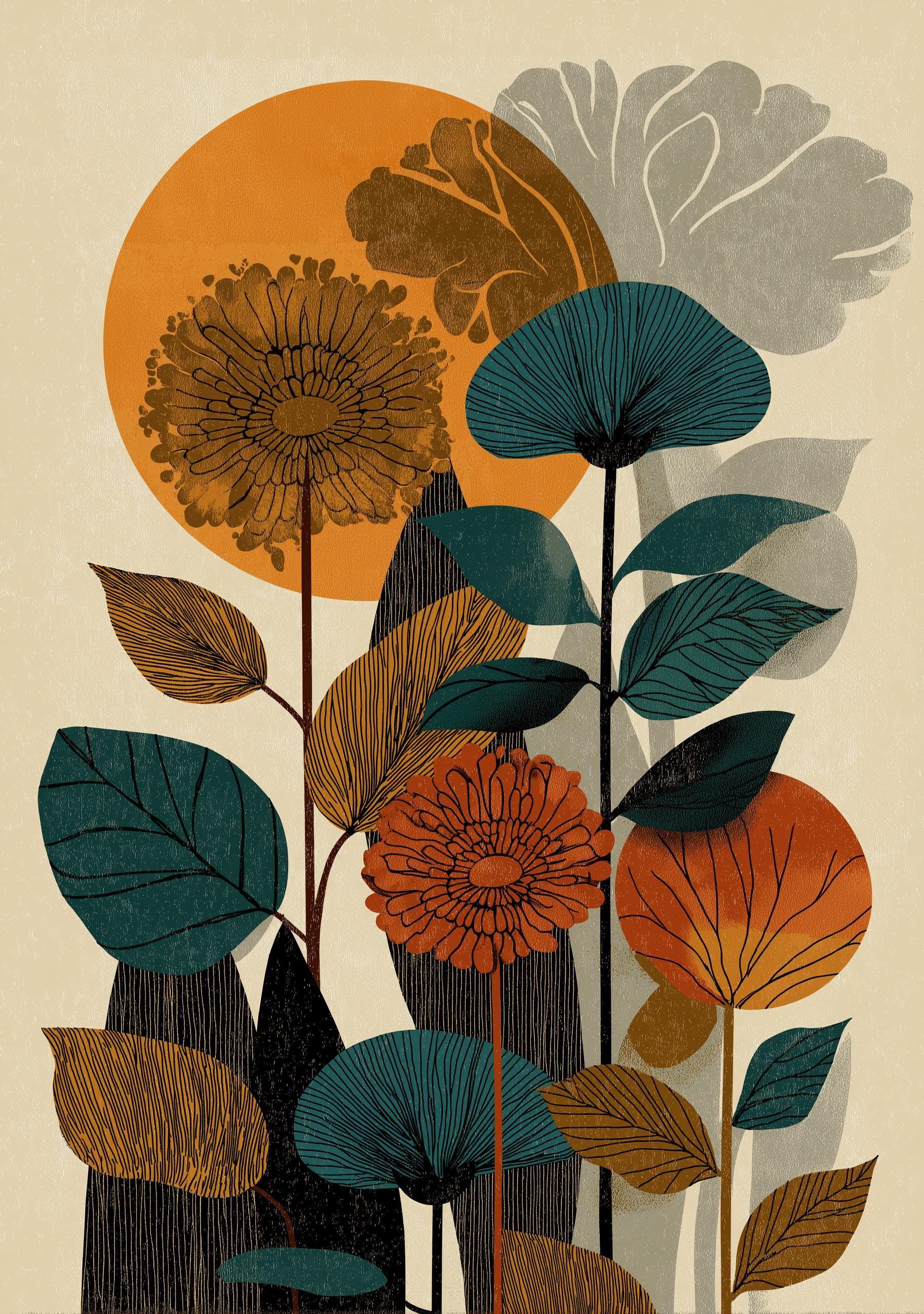 Mid Century Botanical Abstract Floral  Retro Sun Scandinavian Wall Art