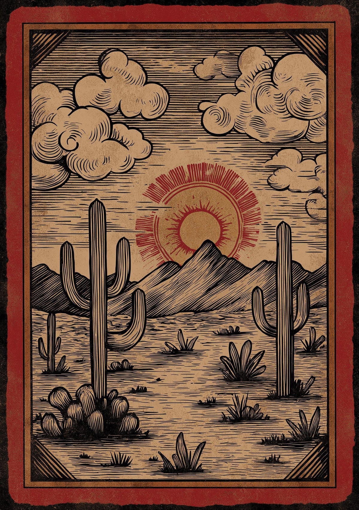 Western Desert Sunset Vintage Cactus Landscape Mountain Wall Art
