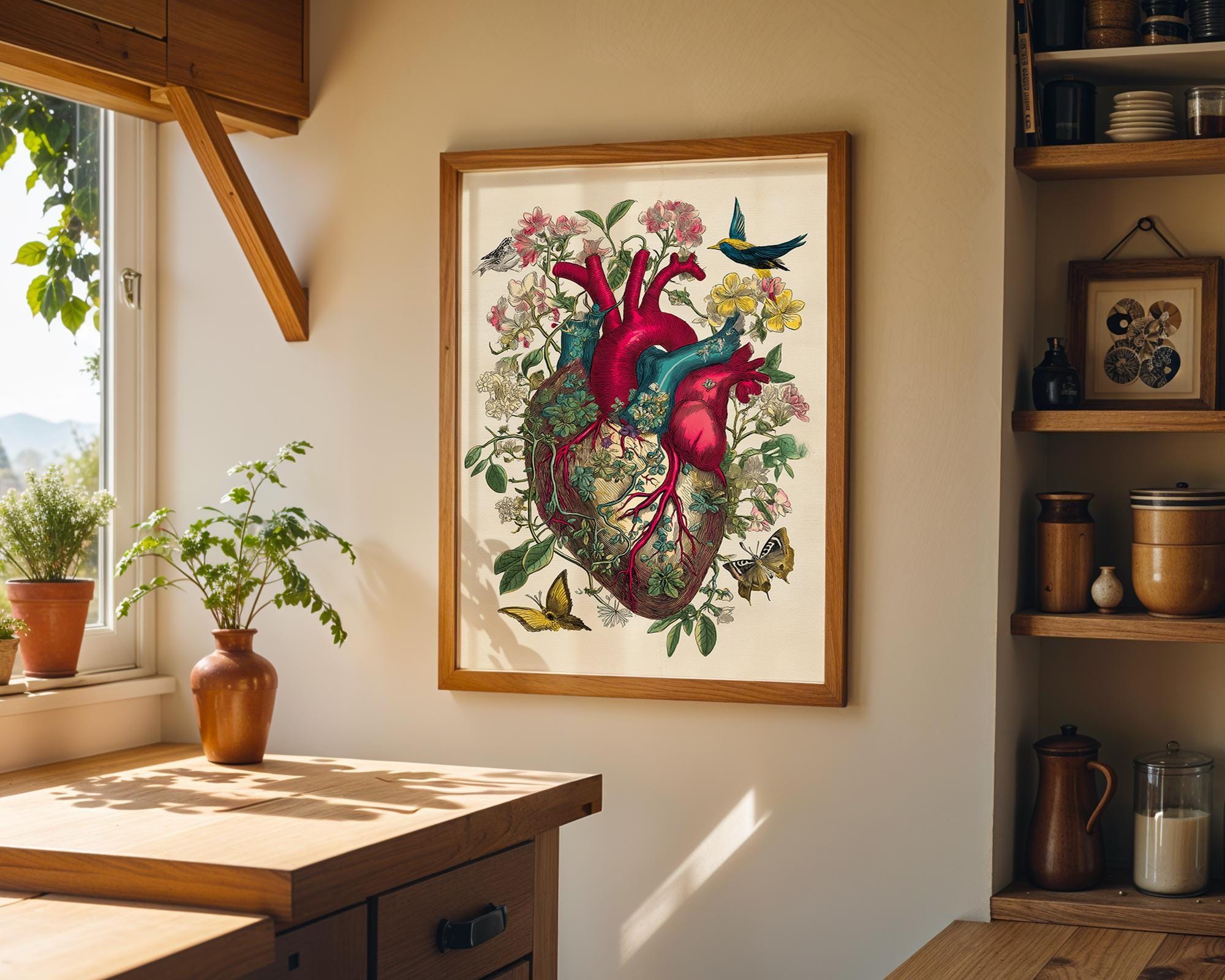 Red Anatomical Heart Vintage Botanical Floral Dark Academia Wall Art