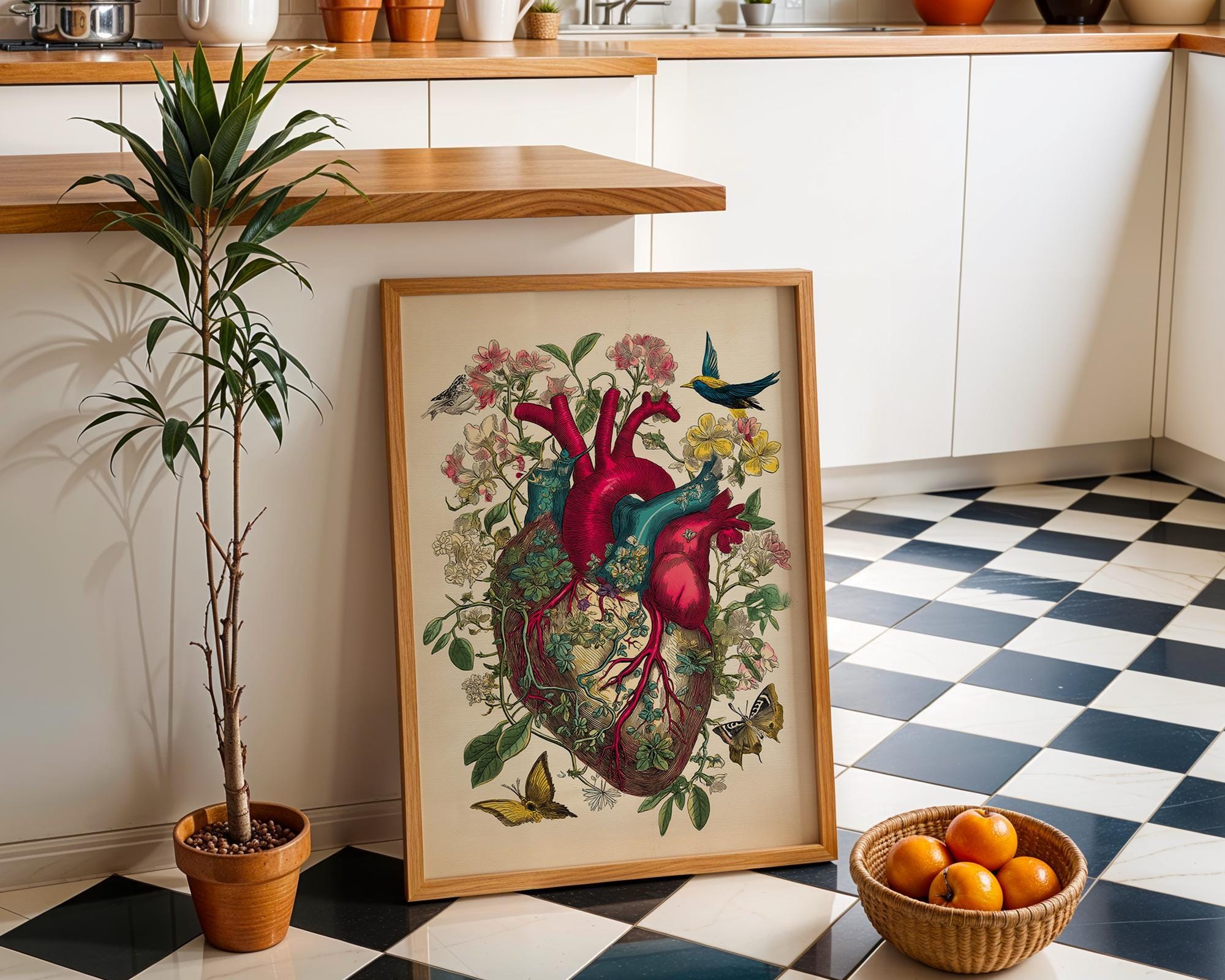 Red Anatomical Heart Vintage Botanical Floral Dark Academia Wall Art
