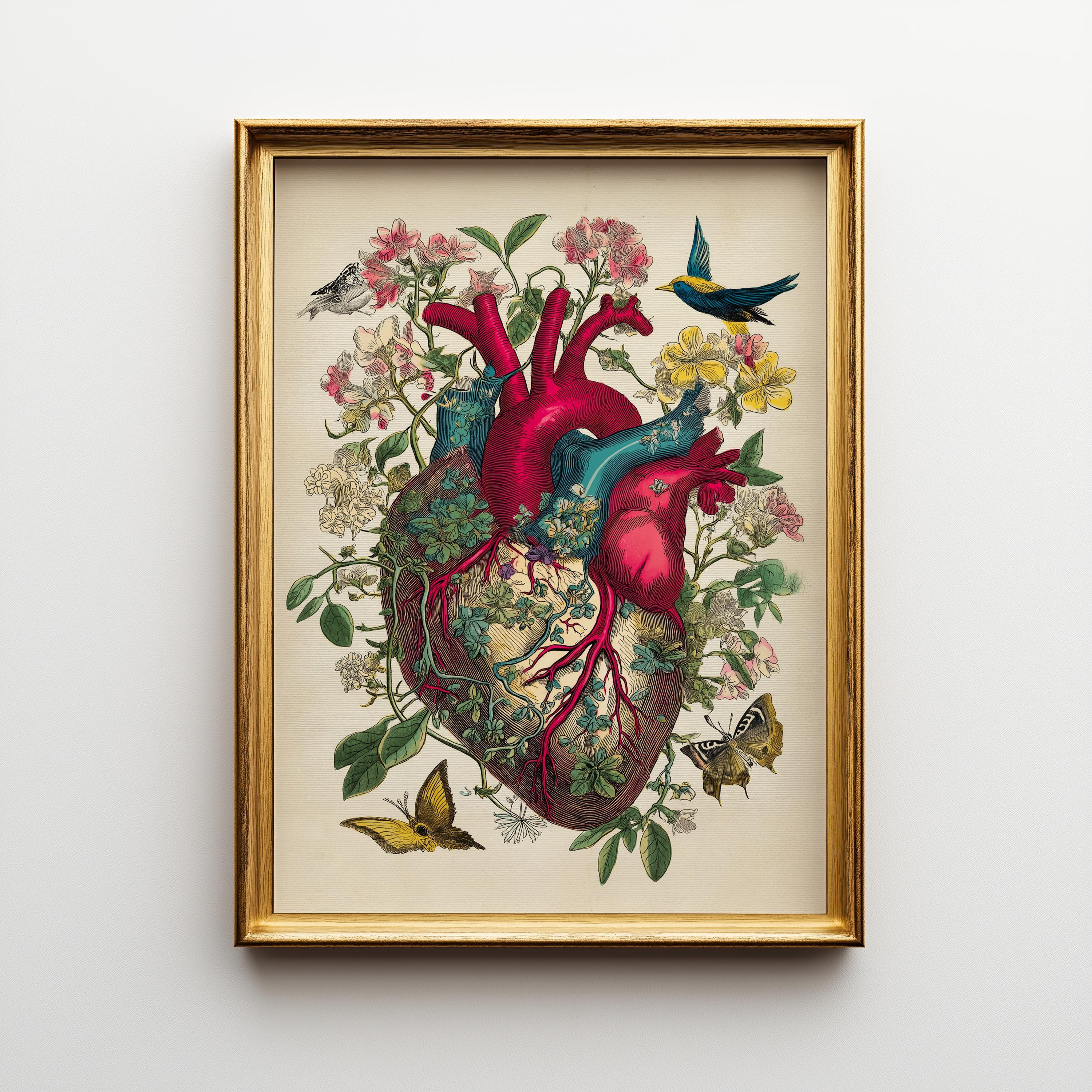 Red Anatomical Heart Vintage Botanical Floral Dark Academia Wall Art
