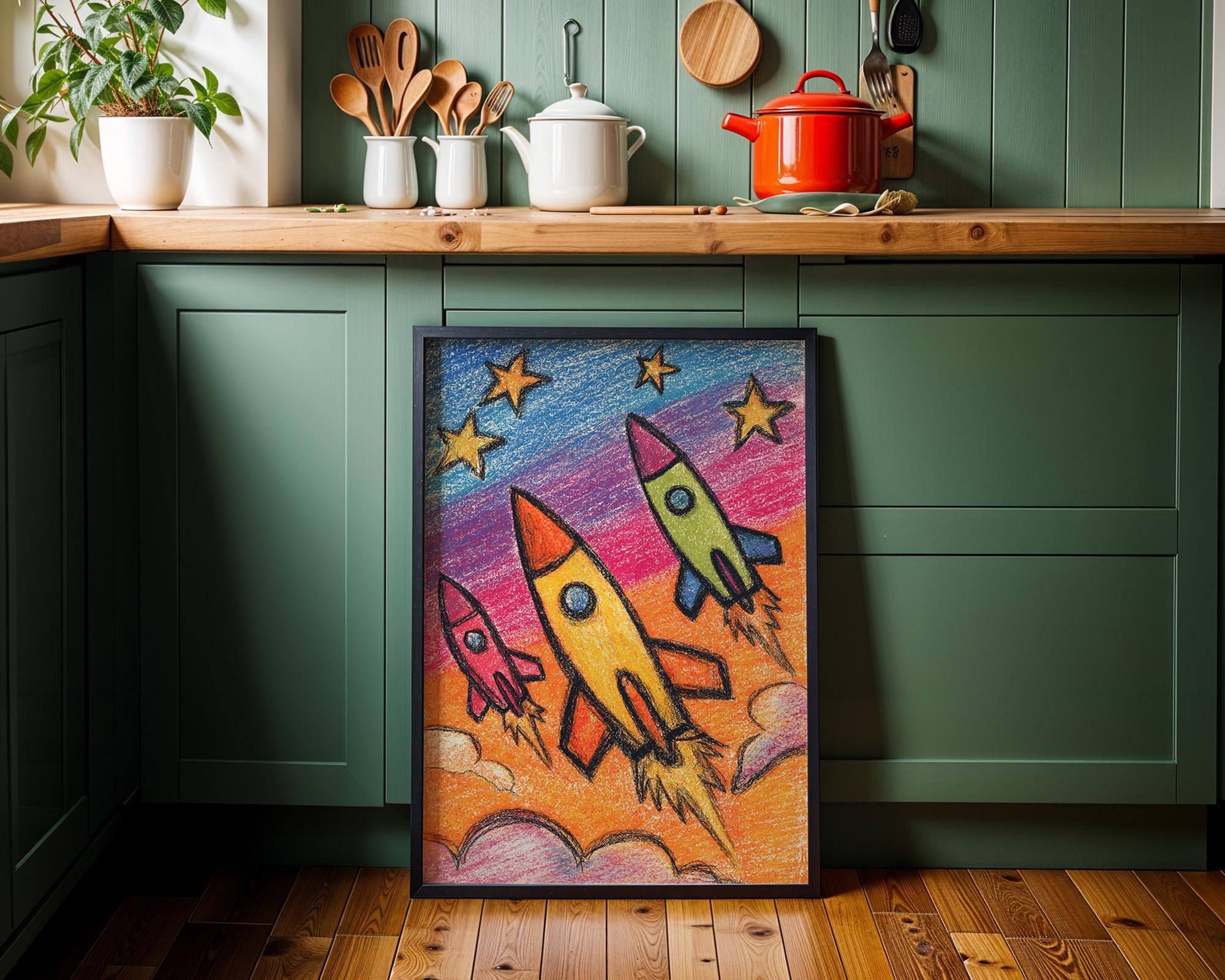 Kids Rocket Space Crayon Colorful Nursery Playroom Wall Art by The Wall Art Studio