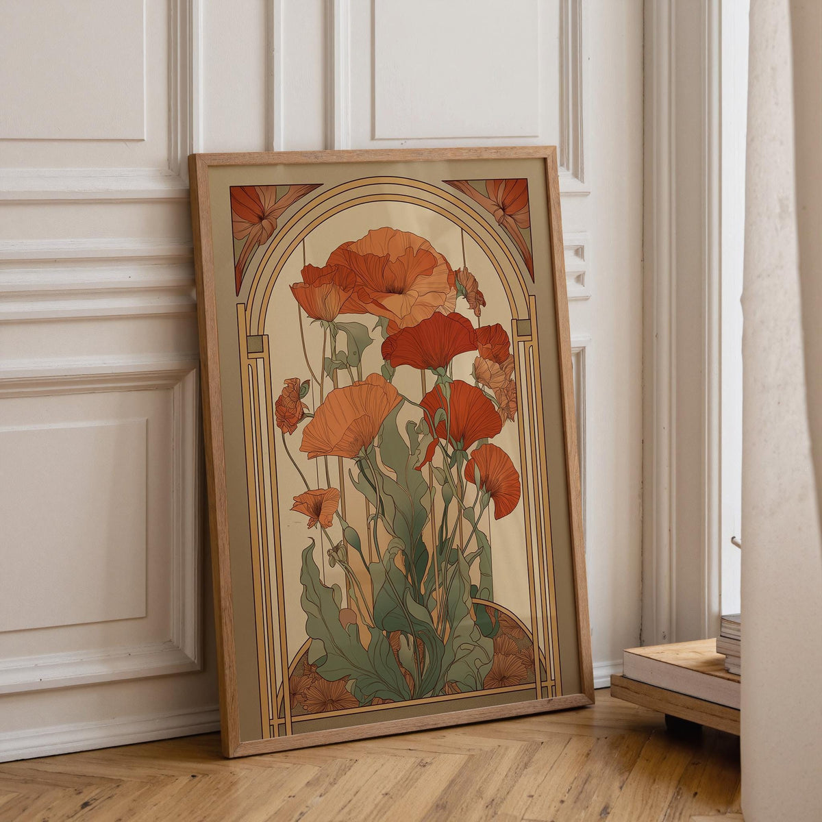 Art Nouveau Poppy Vintage Floral Orange Elegant Botanical Wall Art by The Wall Art Studio