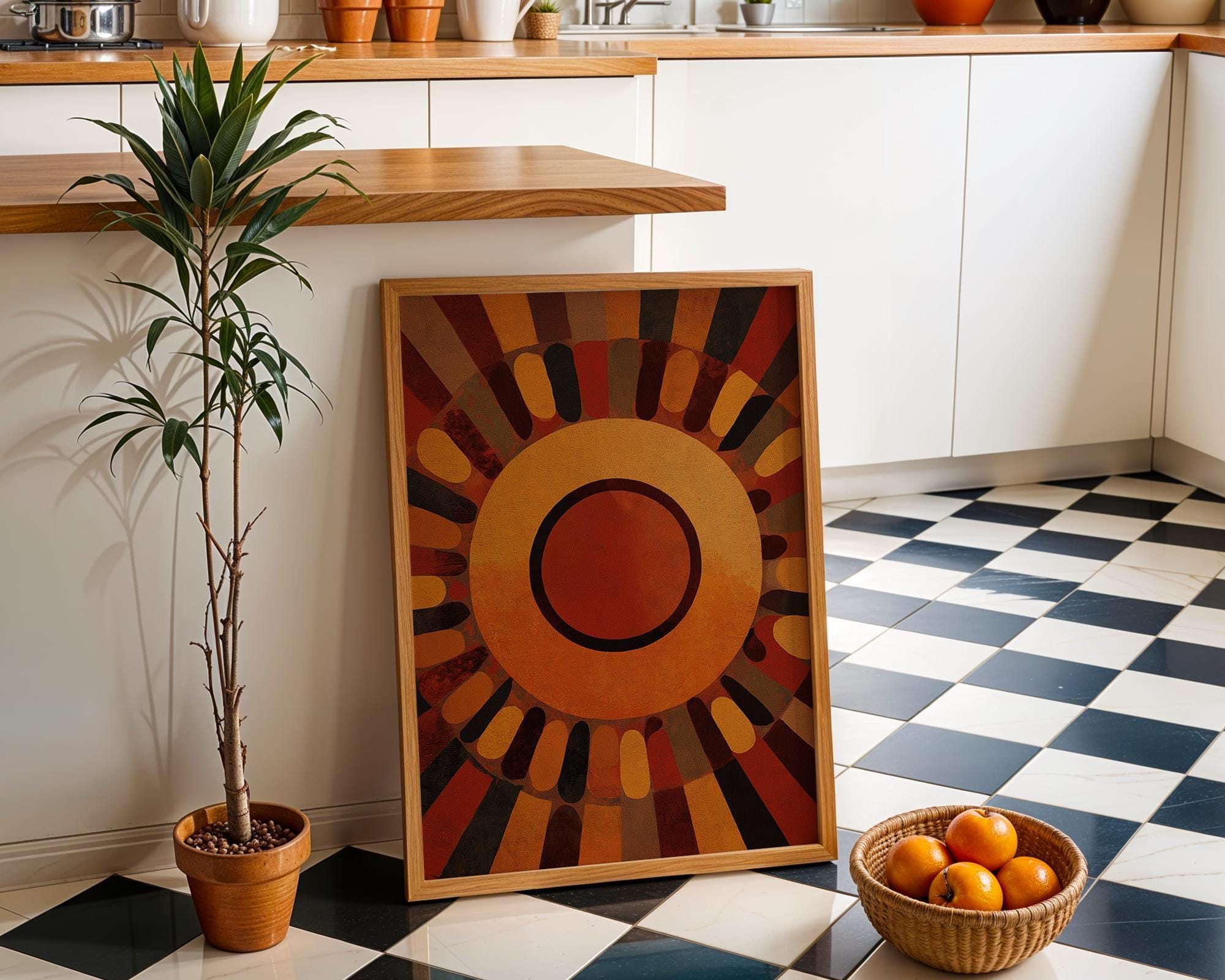 Mid Century Modern Sunburst Wall Art, Retro Geometric Sun Print, Burnt Orange Abstract Poster, Bauhaus Style Artwork, MCM Décor