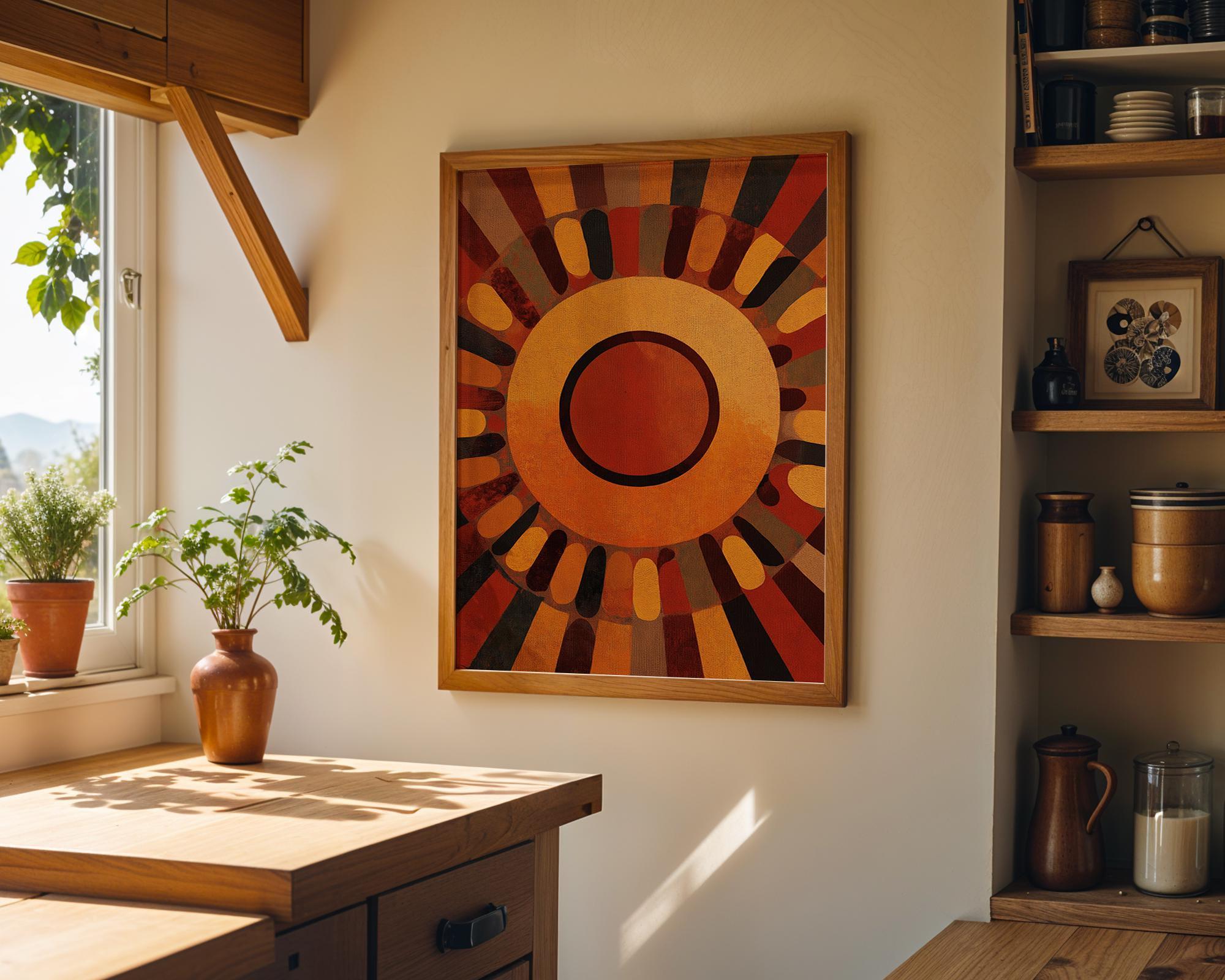 Mid Century Modern Sunburst Wall Art, Retro Geometric Sun Print, Burnt Orange Abstract Poster, Bauhaus Style Artwork, MCM Décor