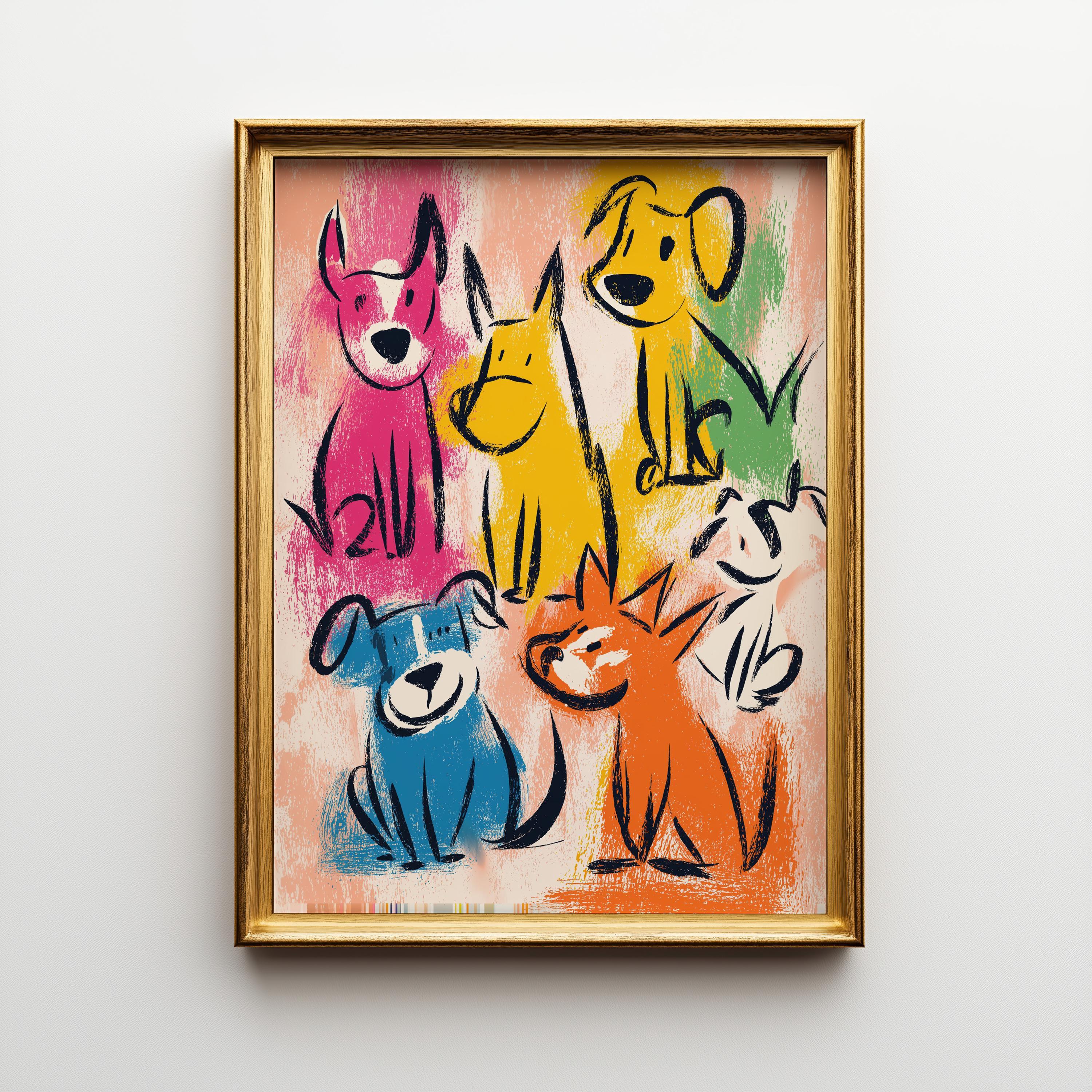 Colorful Dog Kids Animal Nursery Crayon Style Puppy Wall Art by The Wall Art Studio