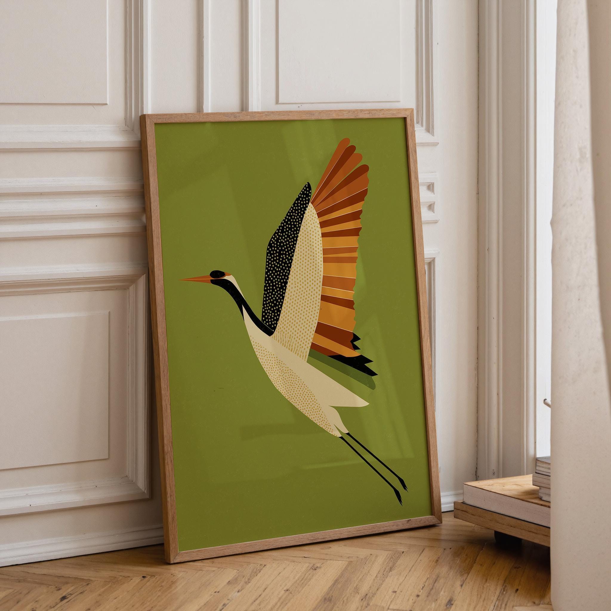 Mid Century Modern Scandinavian Crane Retro 1960s Wildlife Olive Green Wall Art by The Wall Art Studio - physical