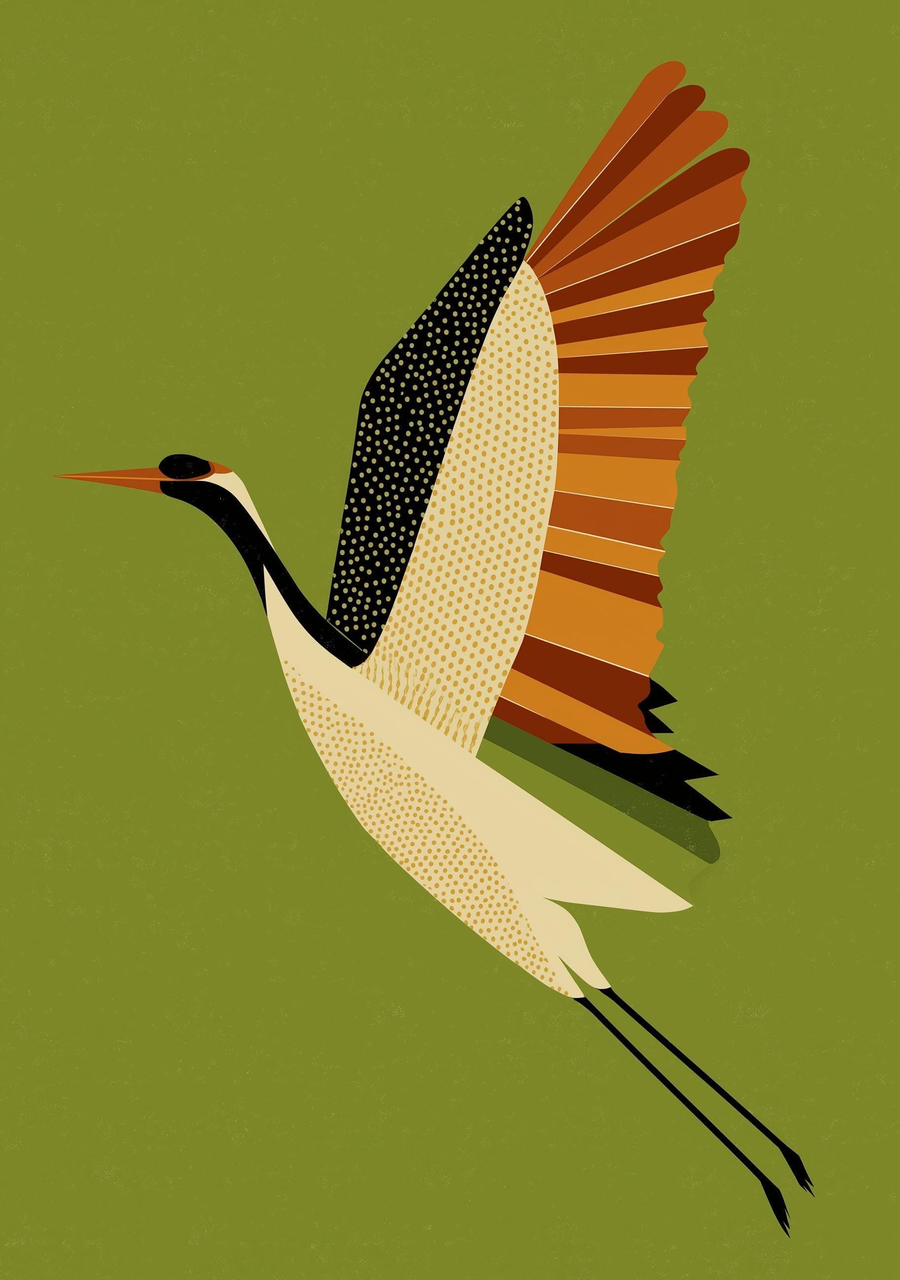 Mid Century Modern Scandinavian Crane Retro 1960s Wildlife Olive Green Wall Art by The Wall Art Studio - physical