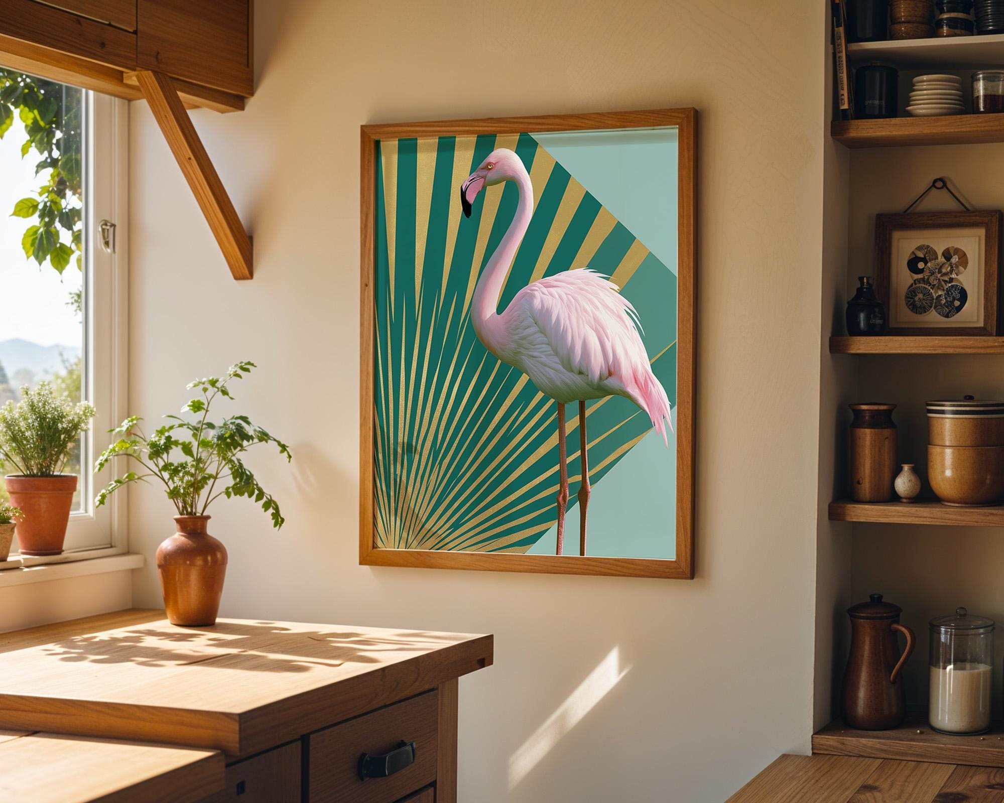 Emerald Gold Pink Tropical Art Deco Flamingo Wall Art by The Wall Art Studio