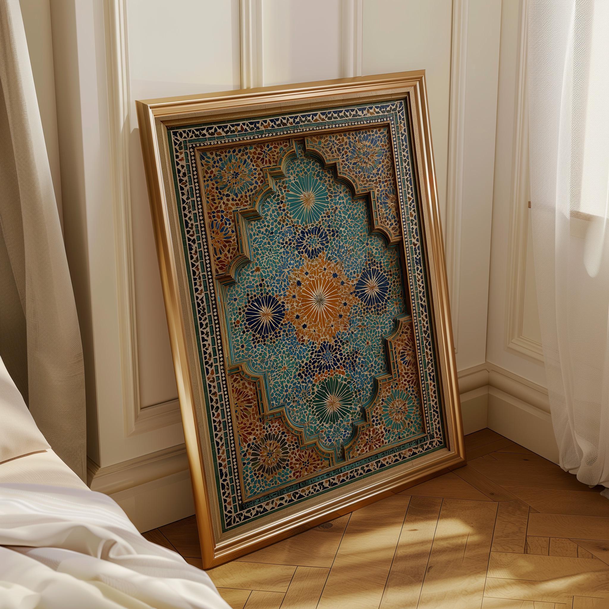Moroccan Mosaic Arch Teal & Gold Islamic Geometric Wall Art by The Wall Art Studio