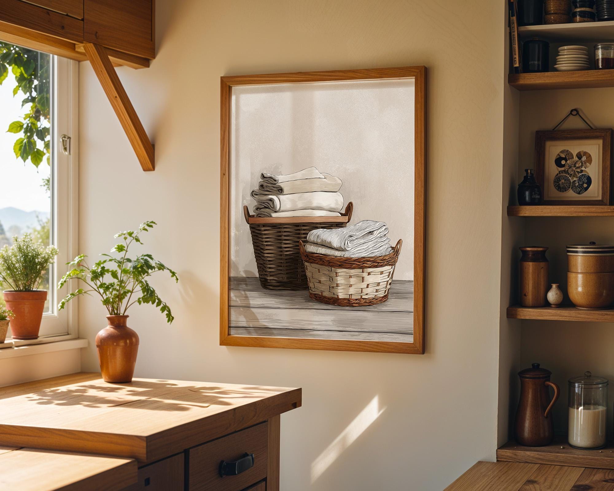 Neutral Laundry Room Rustic Farmhouse Woven Baskets Wall Art