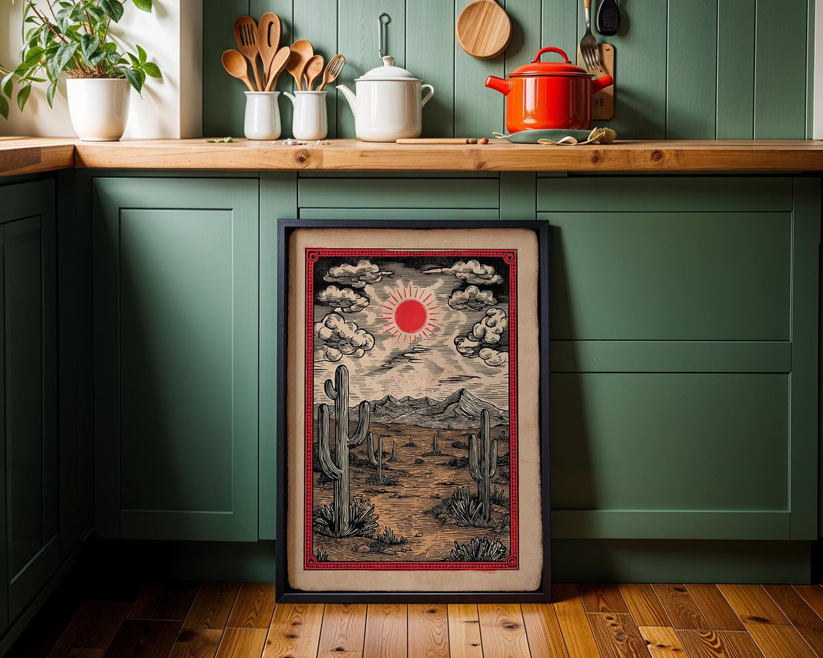Western Desert Sunset Vintage Cactus Southwestern Mountain Wall Art
