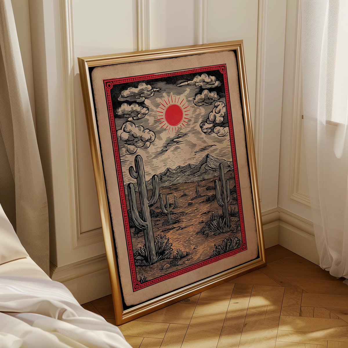 Western Desert Sunset Vintage Cactus Southwestern Mountain Wall Art