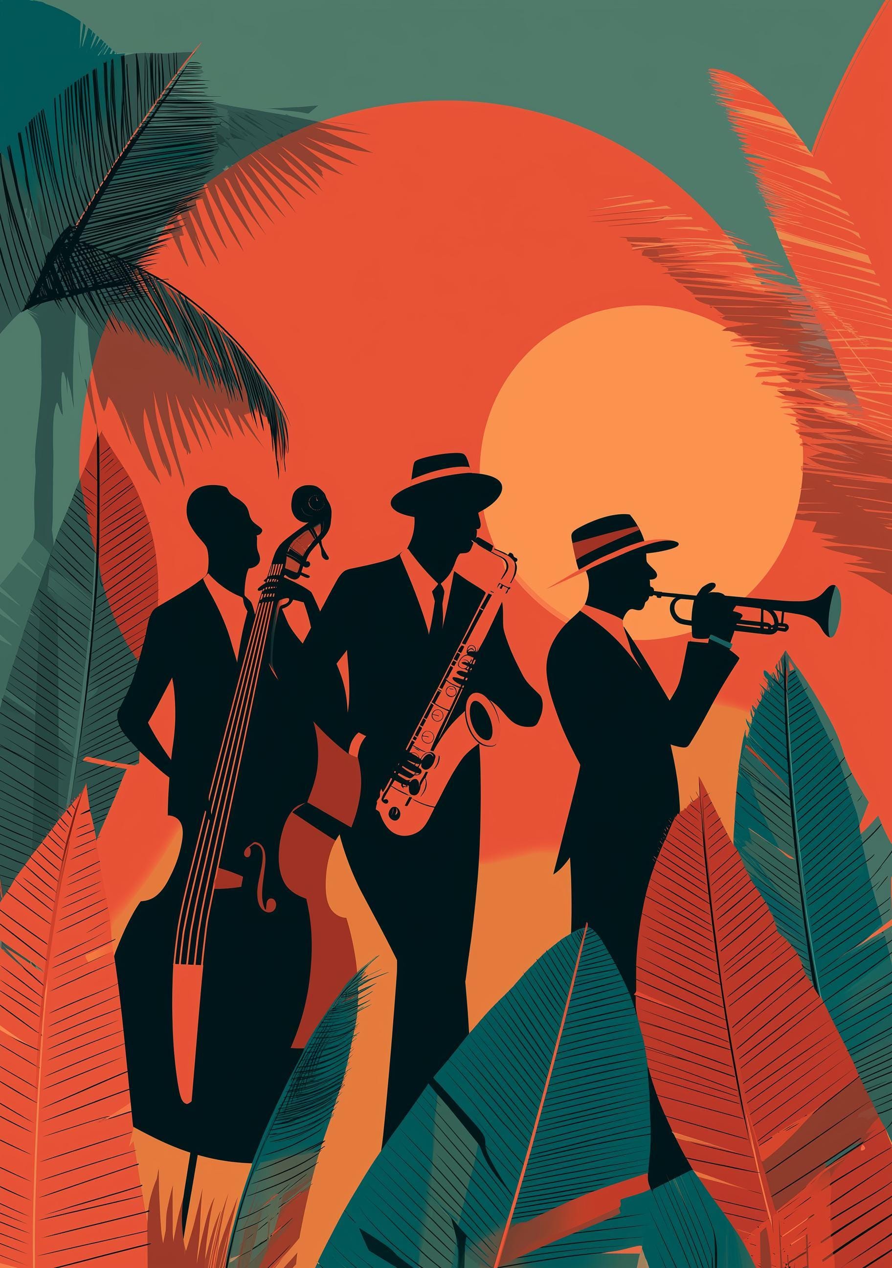 Art Deco Jazz Band Tropical Mid Century Modern Wall Art by The Wall Art Studio