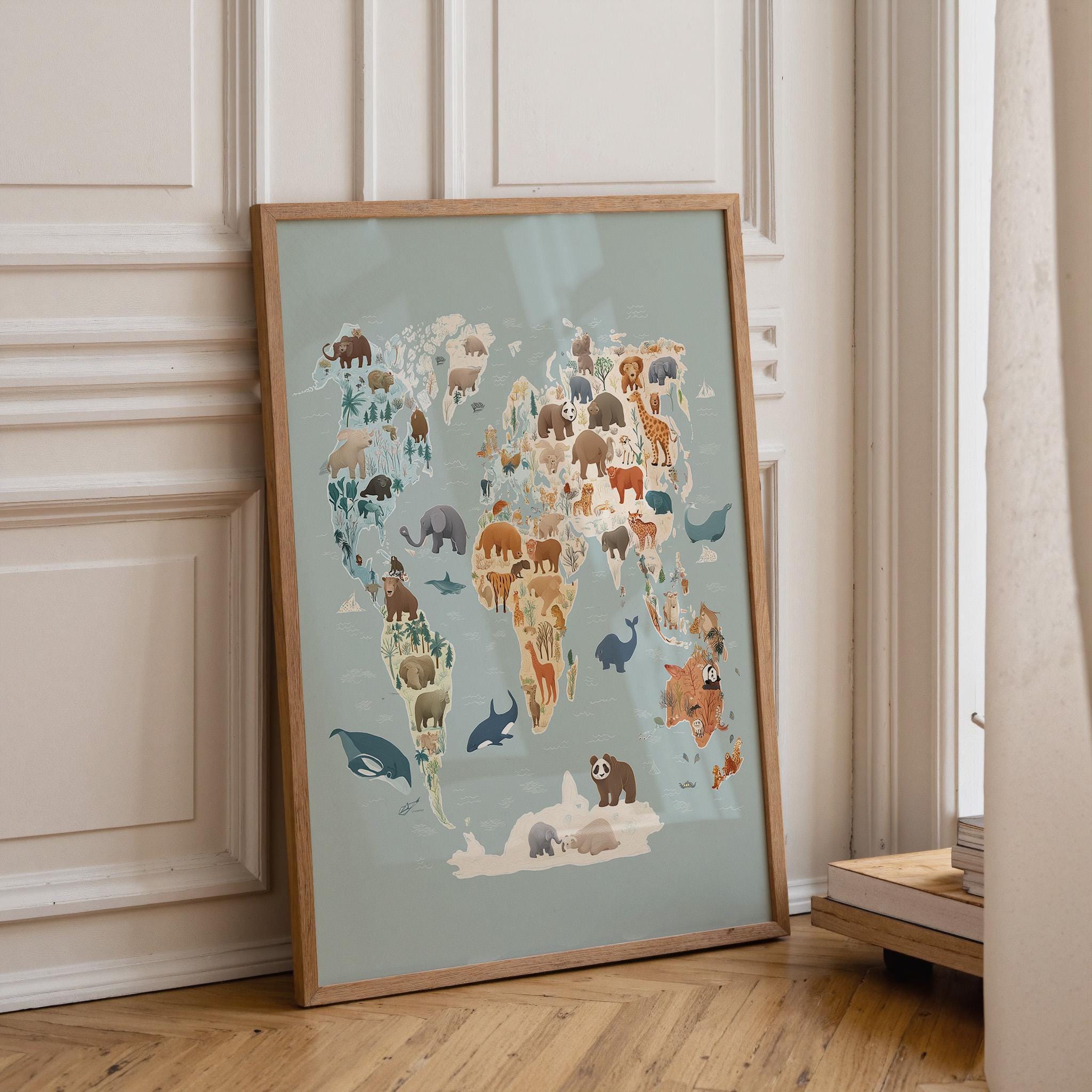 Animal World Map Safari Wildlife Playroom Nursery Wall Art by The Wall Art Studio