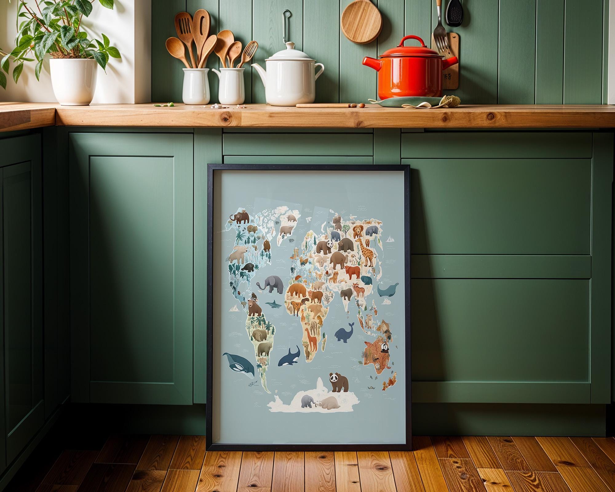 Animal World Map Safari Wildlife Playroom Nursery Wall Art by The Wall Art Studio