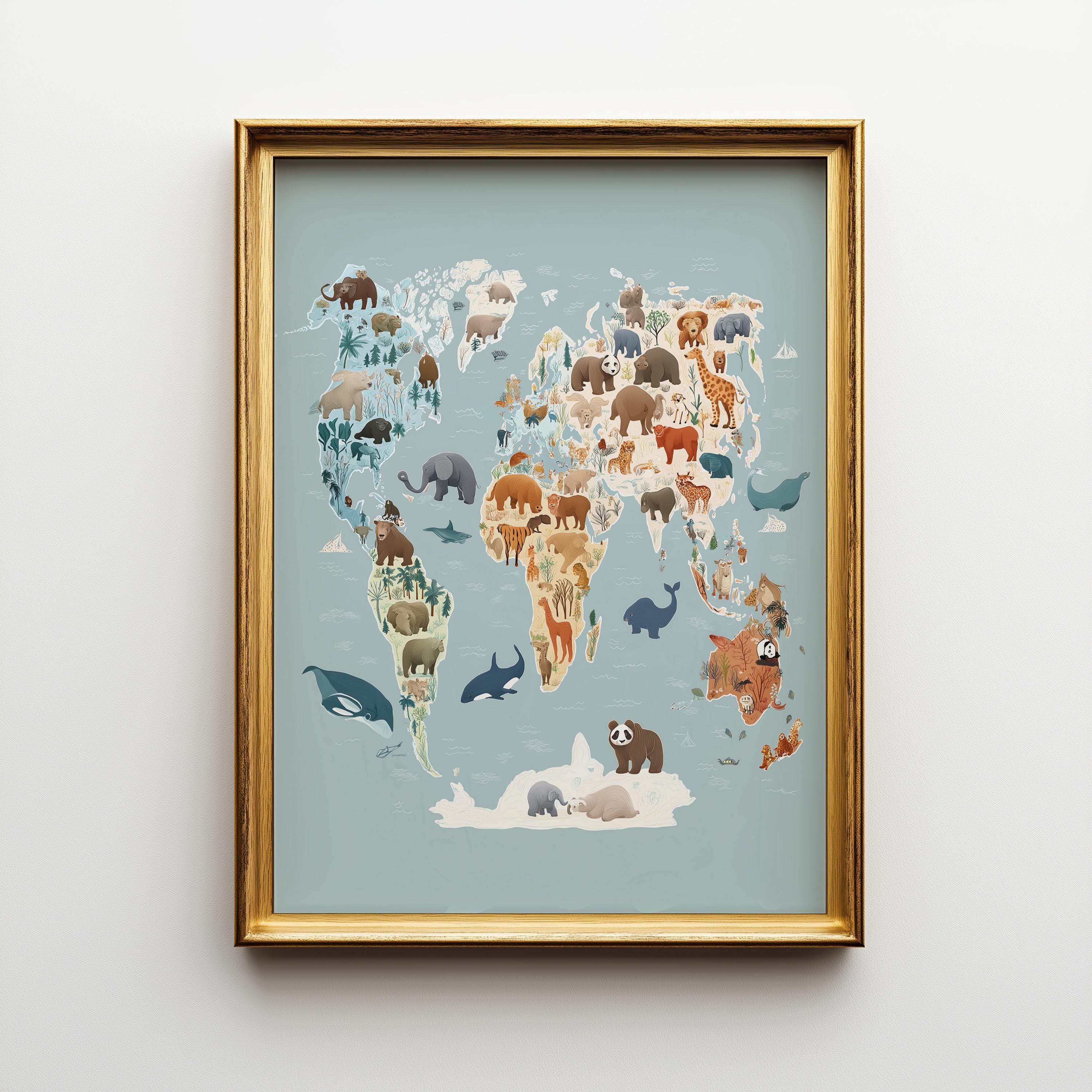 Animal World Map Safari Wildlife Playroom Nursery Wall Art by The Wall Art Studio