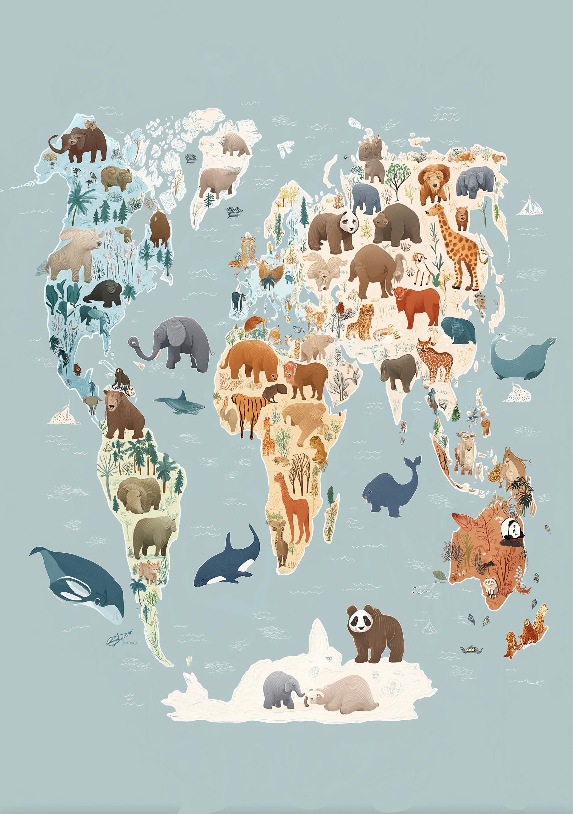 Animal World Map Safari Wildlife Playroom Nursery Wall Art by The Wall Art Studio