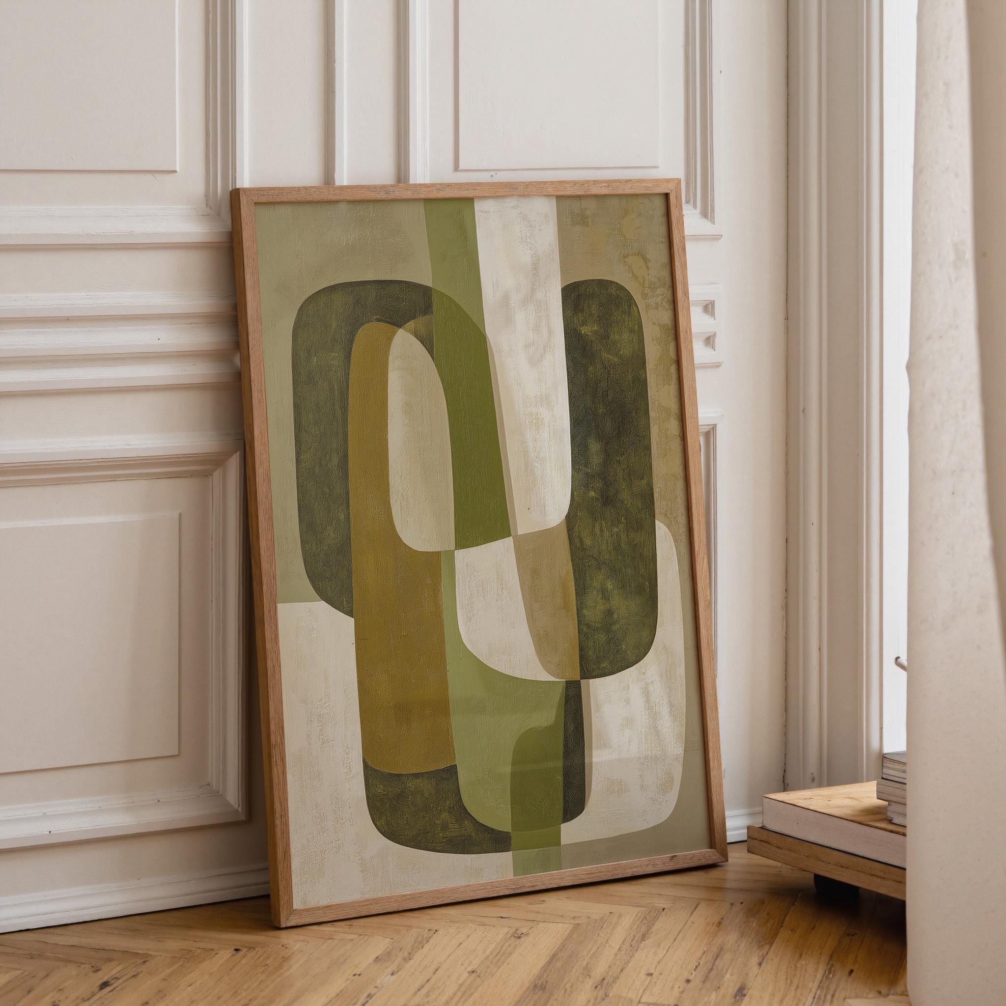 Olive Green Mid Century Modern Geometric Retro Abstract Scandinavian Wall Art by The Wall Art Studio - physical