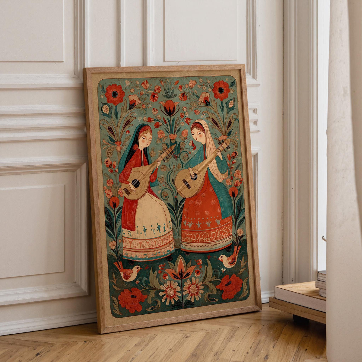 Folk Art Music Vintage Scandinavian Floral Guitar Nordic Boho Wall Art by The Wall Art Studio