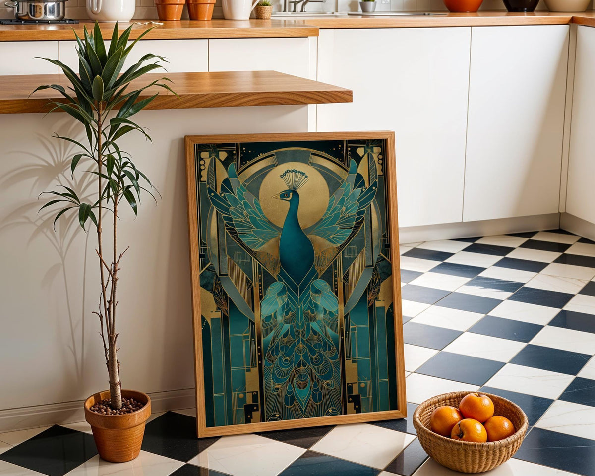 Art Deco Teal and Gold Elegant Bird Vintage Glam Wall Art by The Wall Art Studio - physical