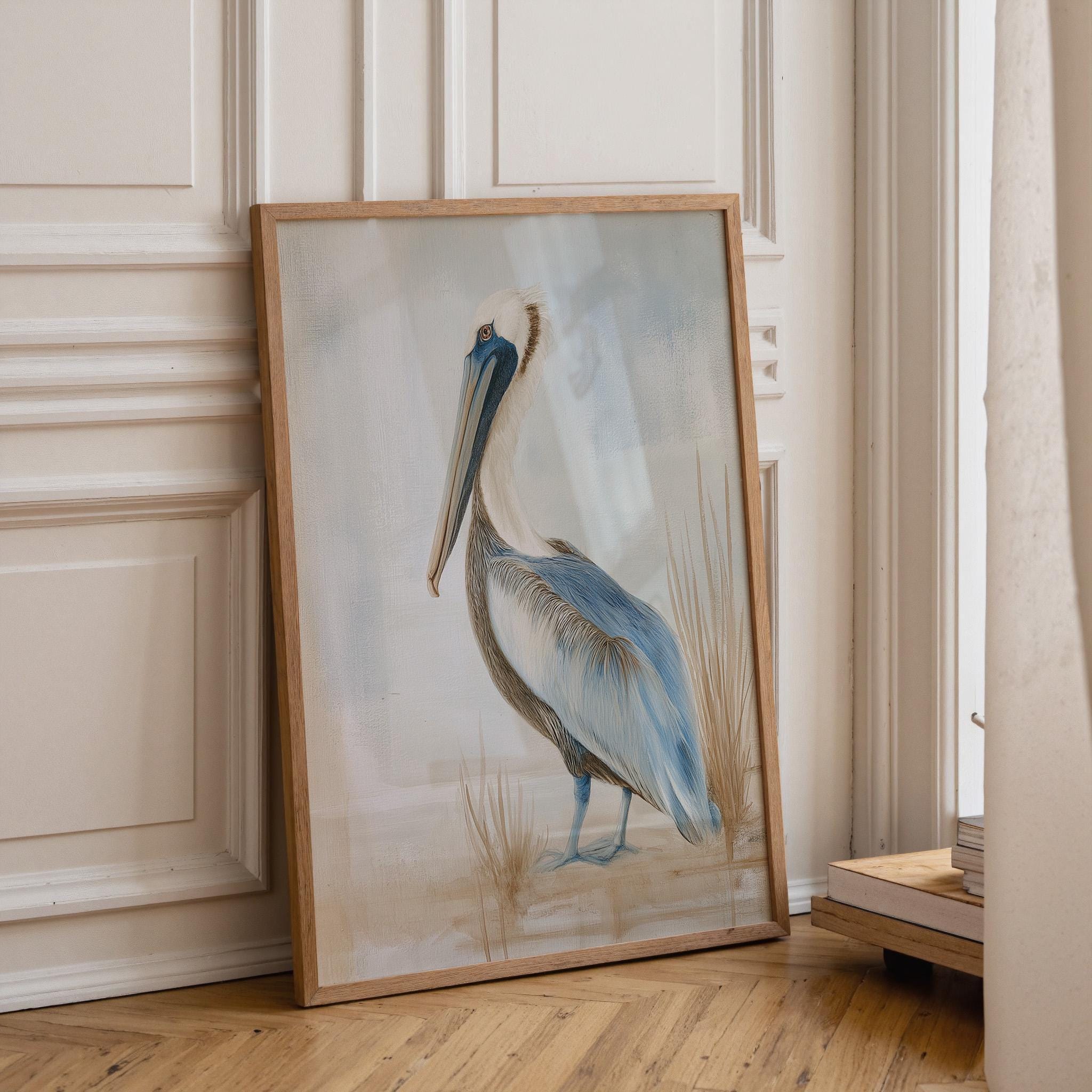 Neutral Pelican Coastal Bird Painting Soft Blue Seaside Wall Art