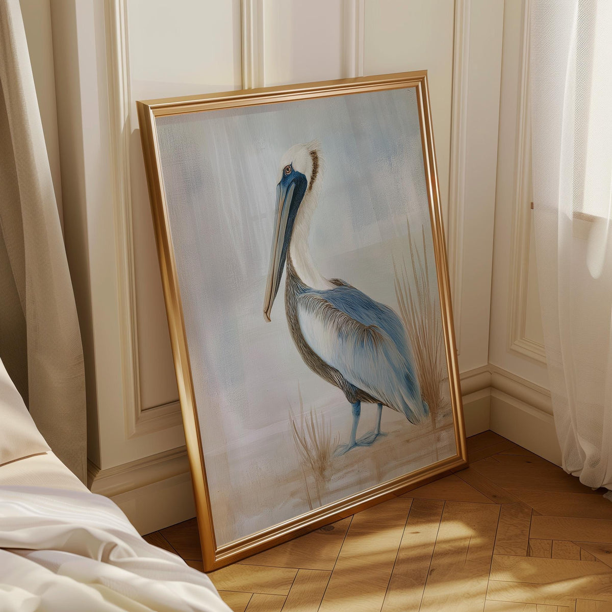 Neutral Pelican Coastal Bird Painting Soft Blue Seaside Wall Art
