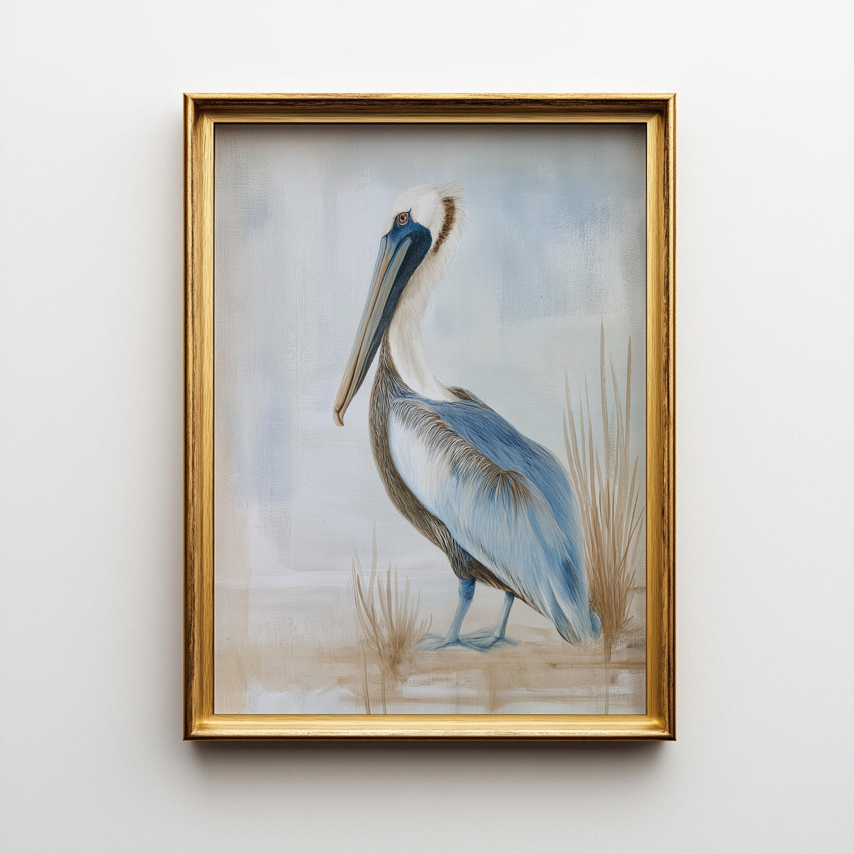 Neutral Pelican Coastal Bird Painting Soft Blue Seaside Wall Art