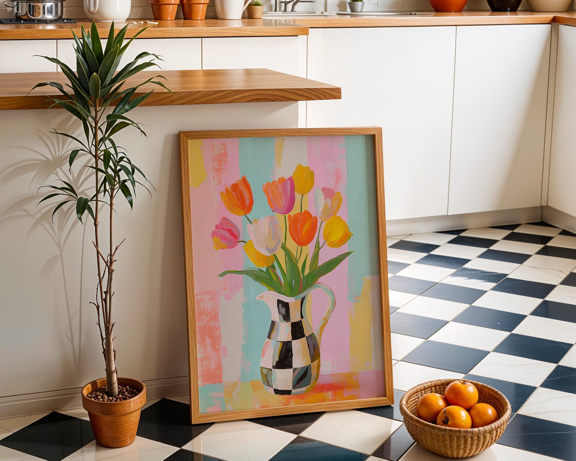 Pastel Tulip Vase Checkered Modern Floral Wall Art