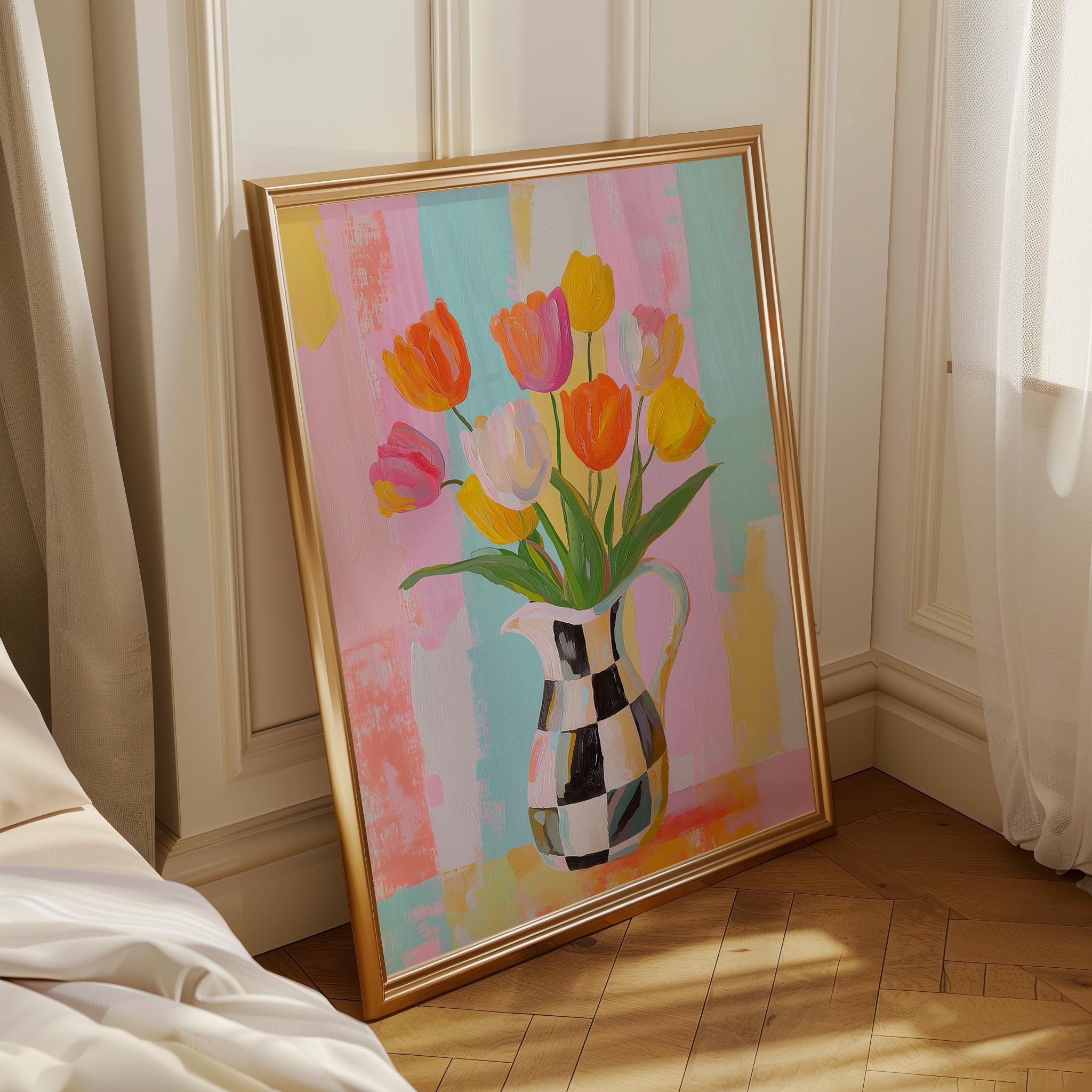 Pastel Tulip Vase Checkered Modern Floral Wall Art