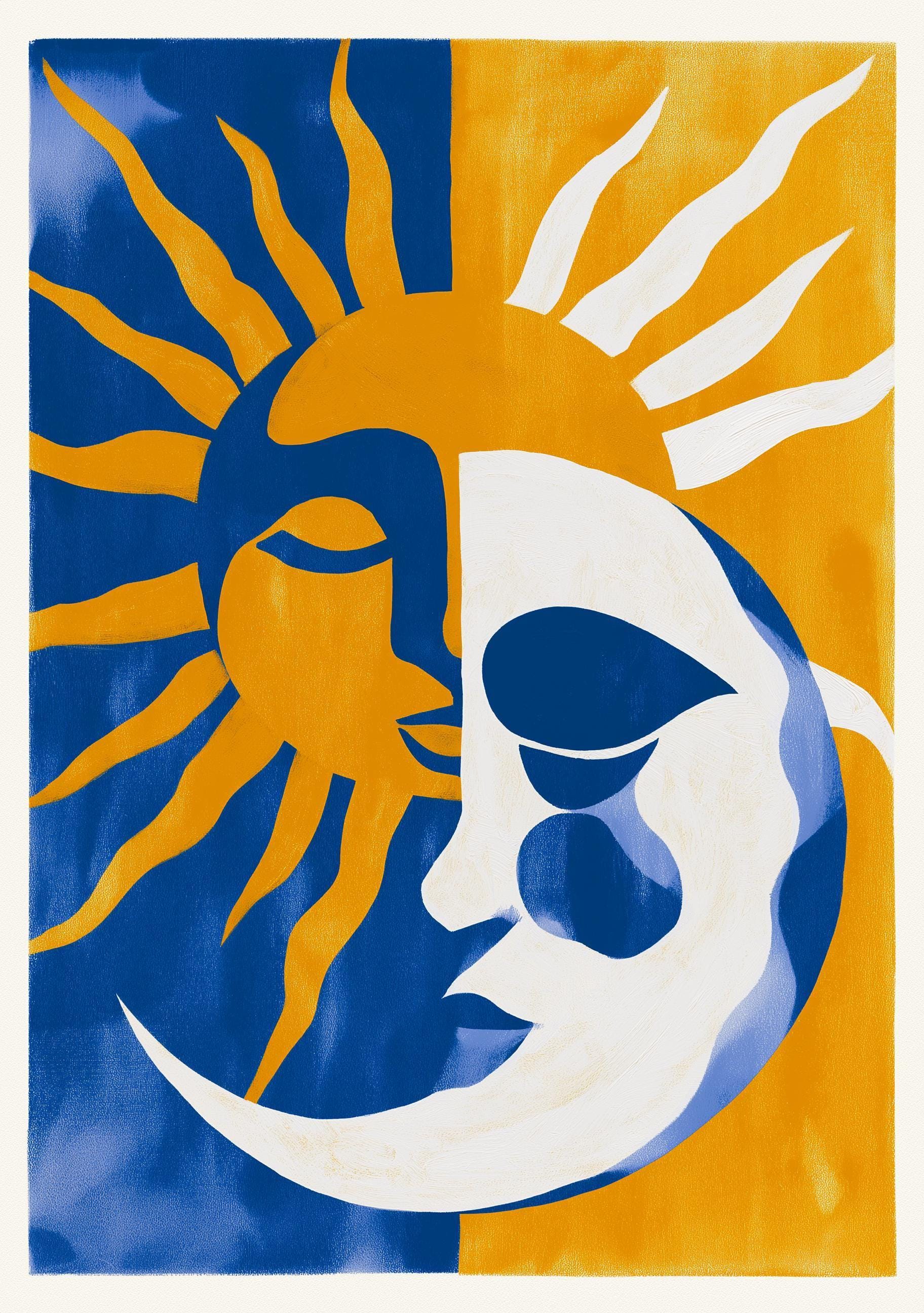 Sun Moon Celestial Blue & Yellow Boho Mediterranean Coastal Wall Art by The Wall Art Studio