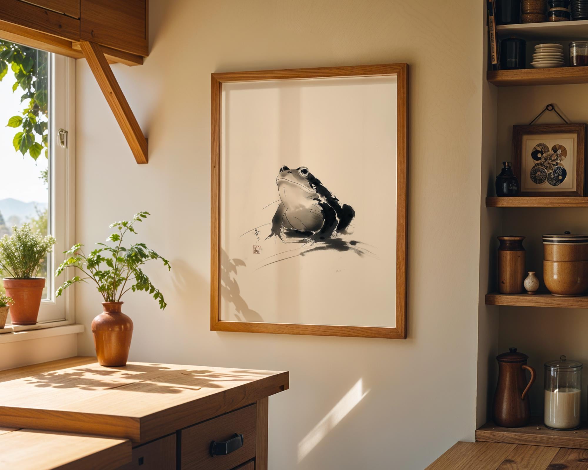Japanese Sumi-e Art Black and White Wabi-Sabi Frog Wall Art by The Wall Art Studio