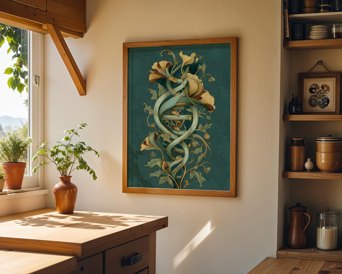 Art Nouveau Botanical Emerald Green DNA Inspired Floral Wall Art by The Wall Art Studio