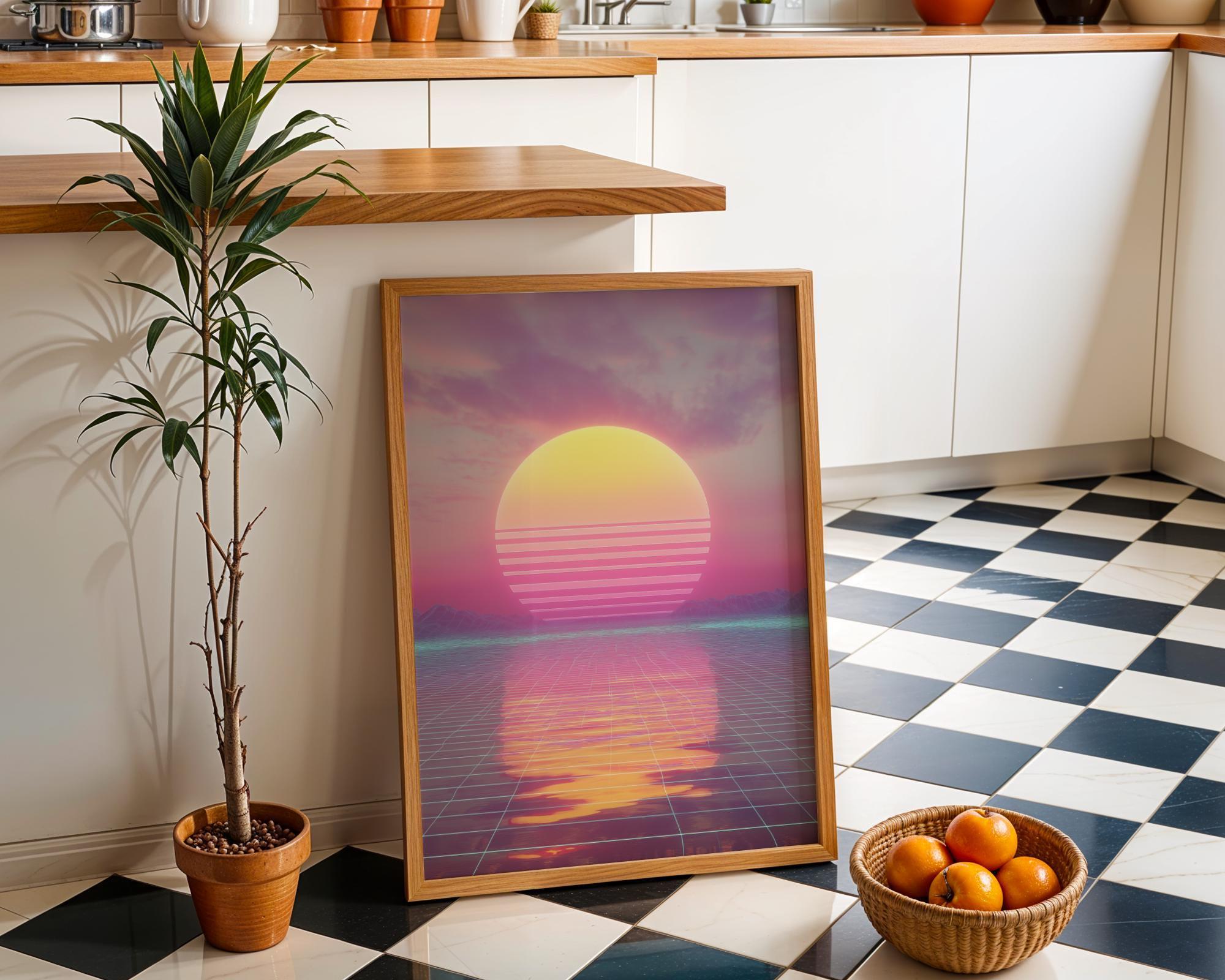 Retro Futuristic 80s Synthwave Sunset Wall Art by The Wall Art Studio
