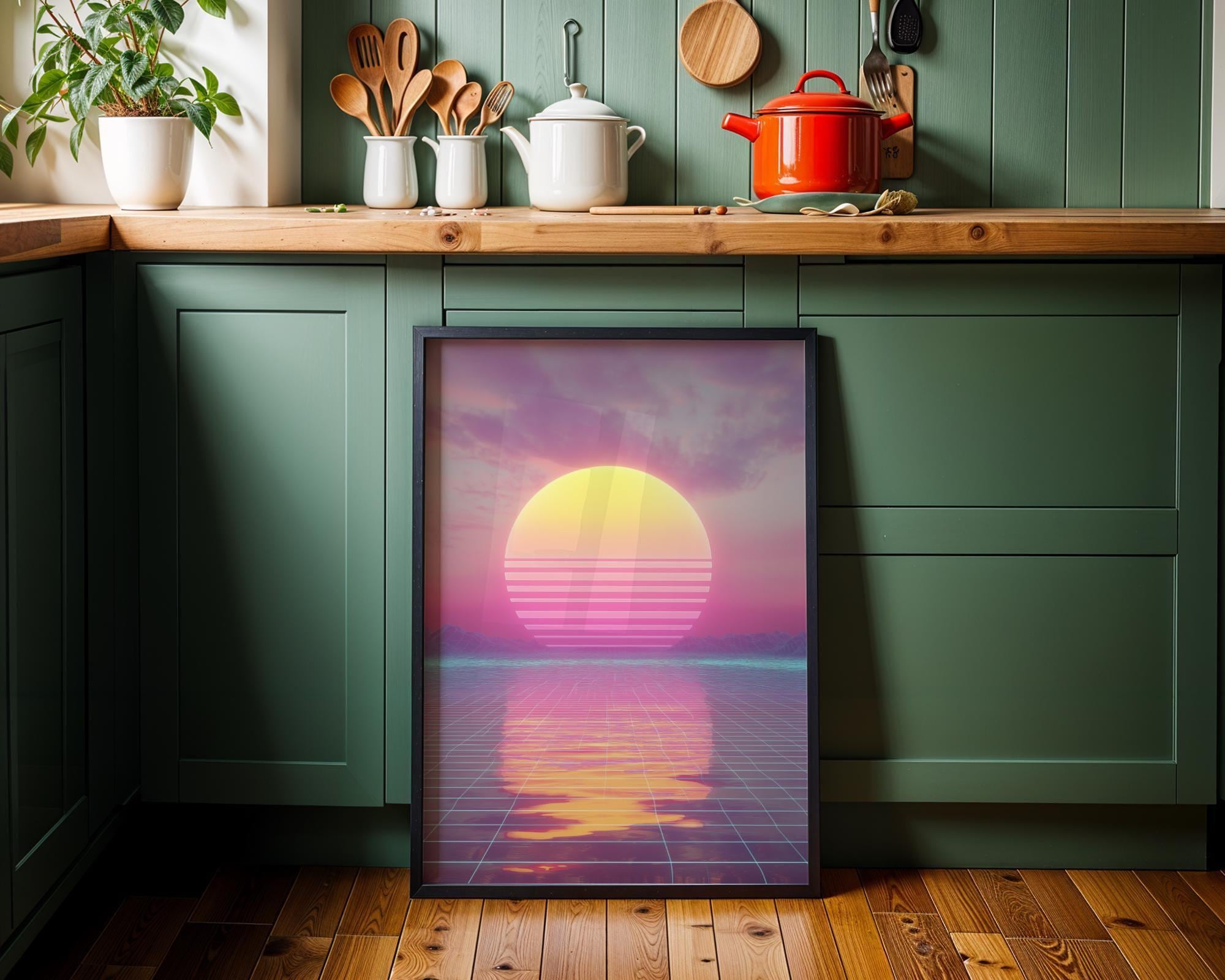 Retro Futuristic 80s Synthwave Sunset Wall Art by The Wall Art Studio