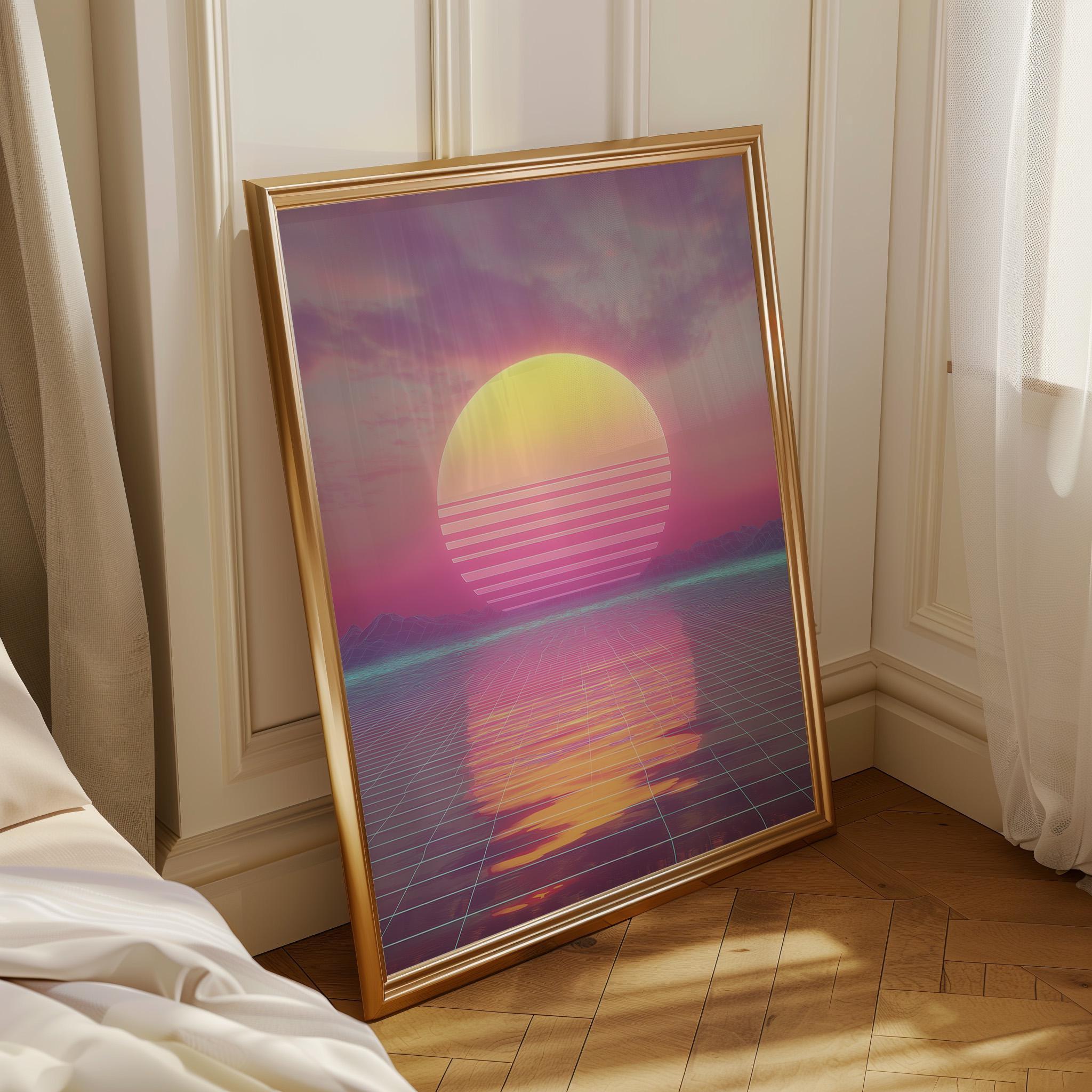 Retro Futuristic 80s Synthwave Sunset Wall Art by The Wall Art Studio