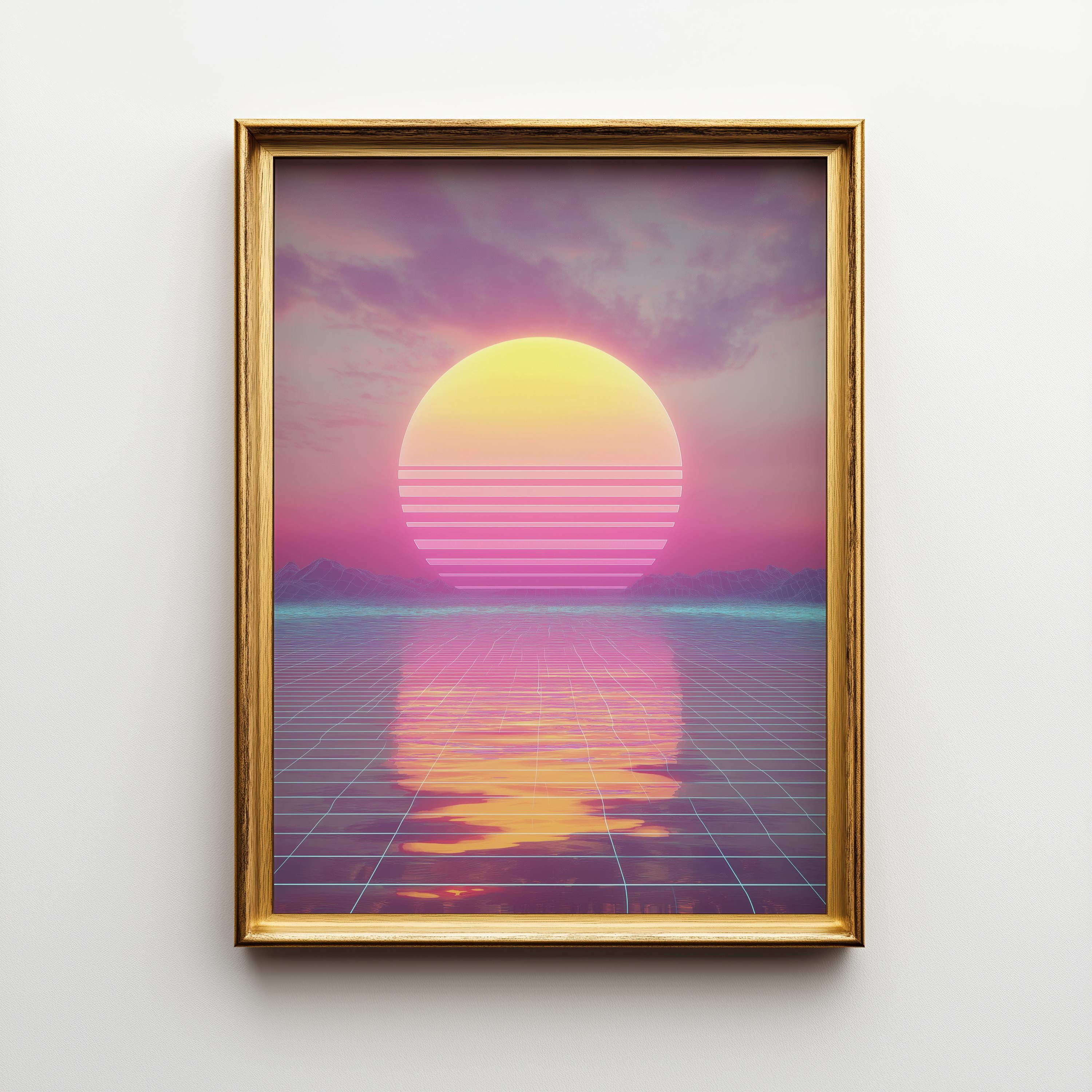 Retro Futuristic 80s Synthwave Sunset Wall Art by The Wall Art Studio